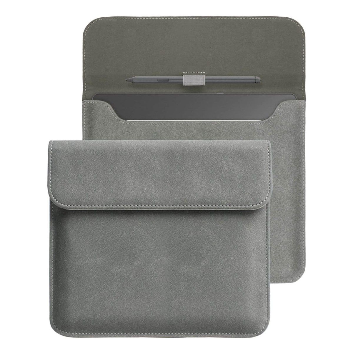 A gray suede sleeve case for the Kindle Scribe showing its open and closed state