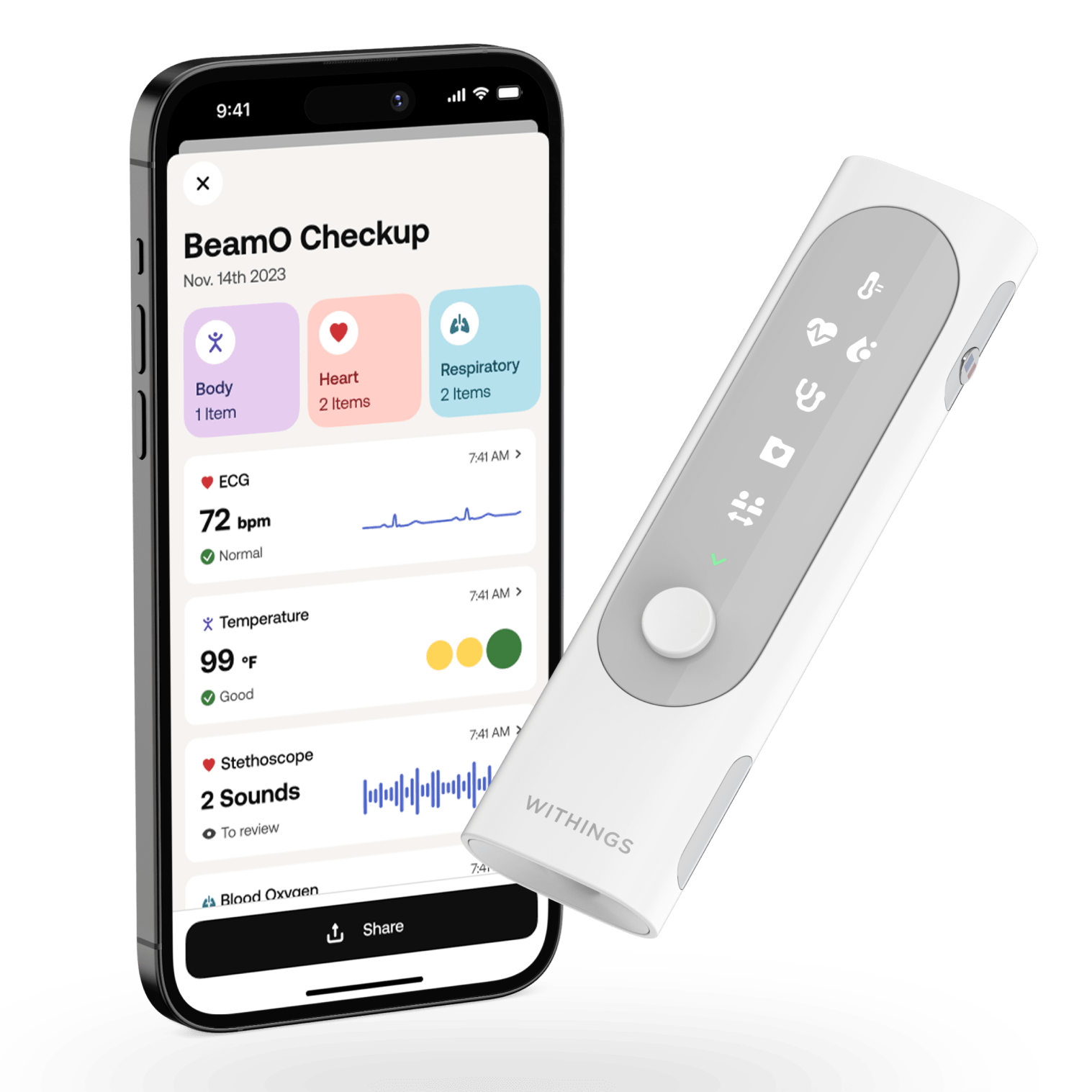 Withings BeamO next to an iPhone running the Withings app, with health statistics seen on the display, against a white background