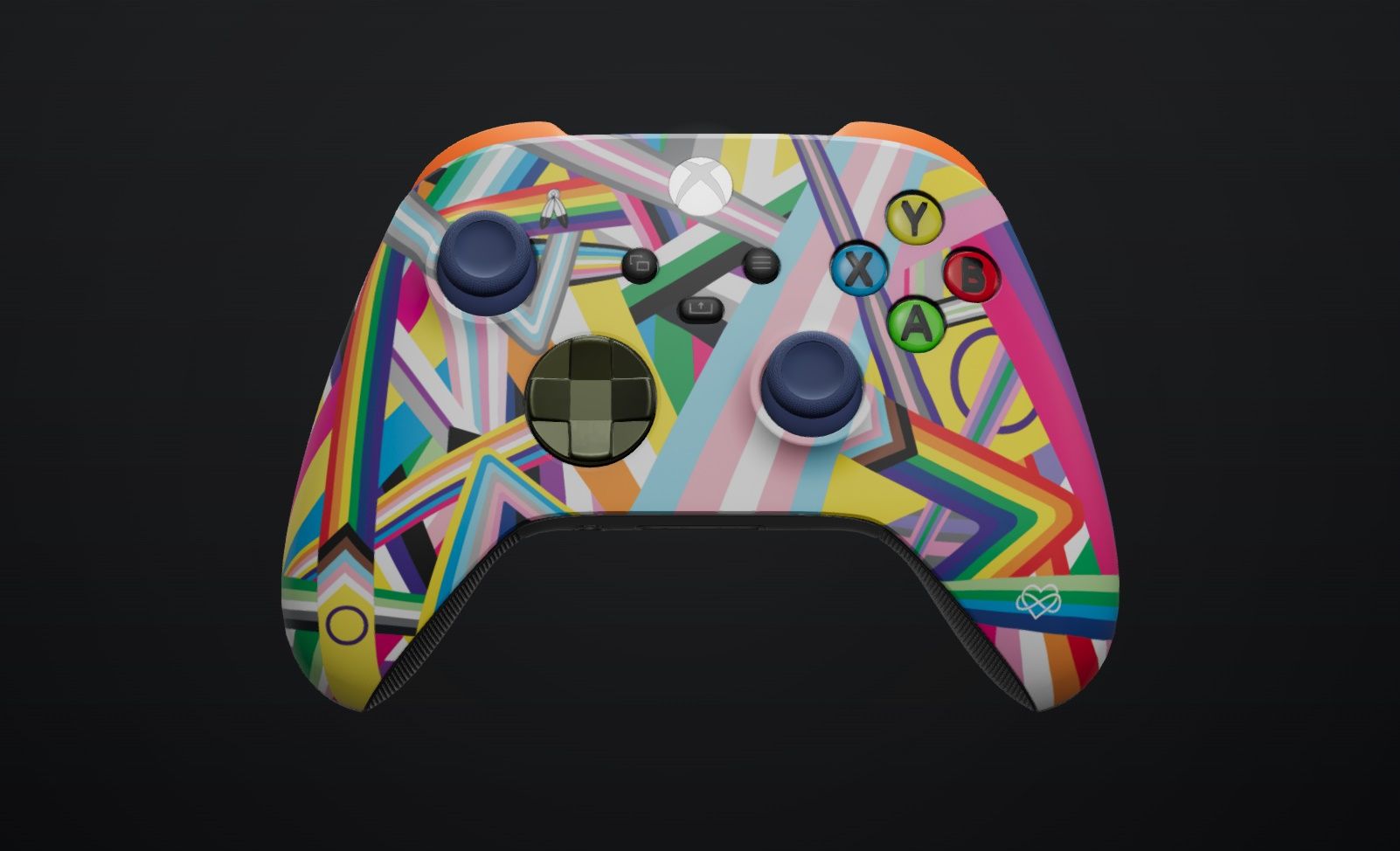 A picture of an Xbox Design Lab custom controller with the Pride design on the front plate