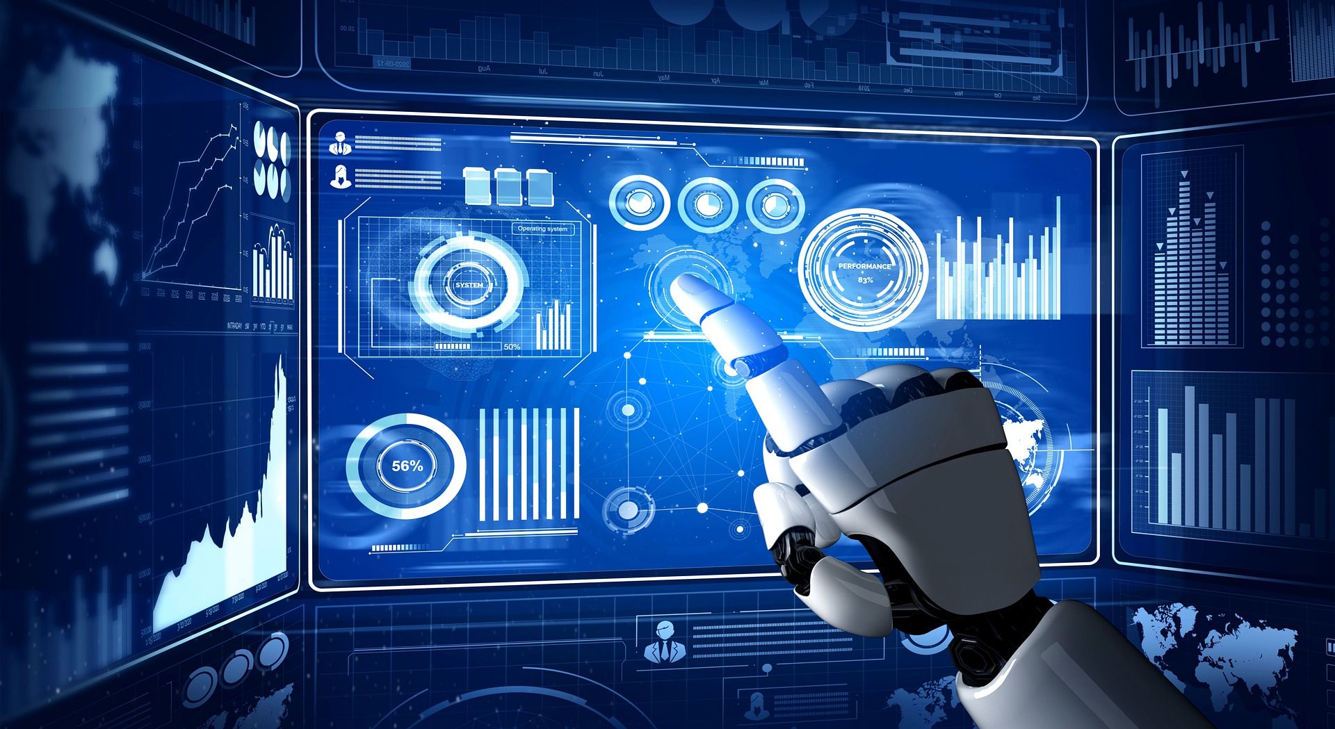 An AI robotic hand interacting with a holographic digital interface with its finger