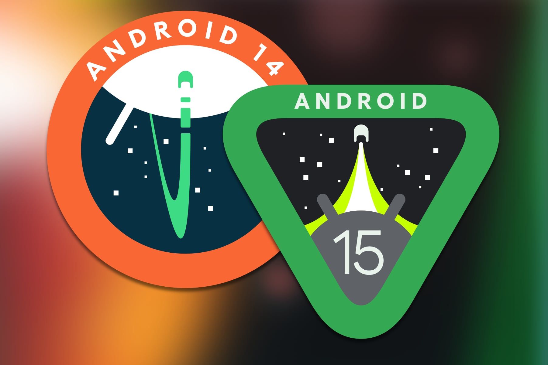 The Android 14 logo overlapped by the Android 15 logo on a colorful background