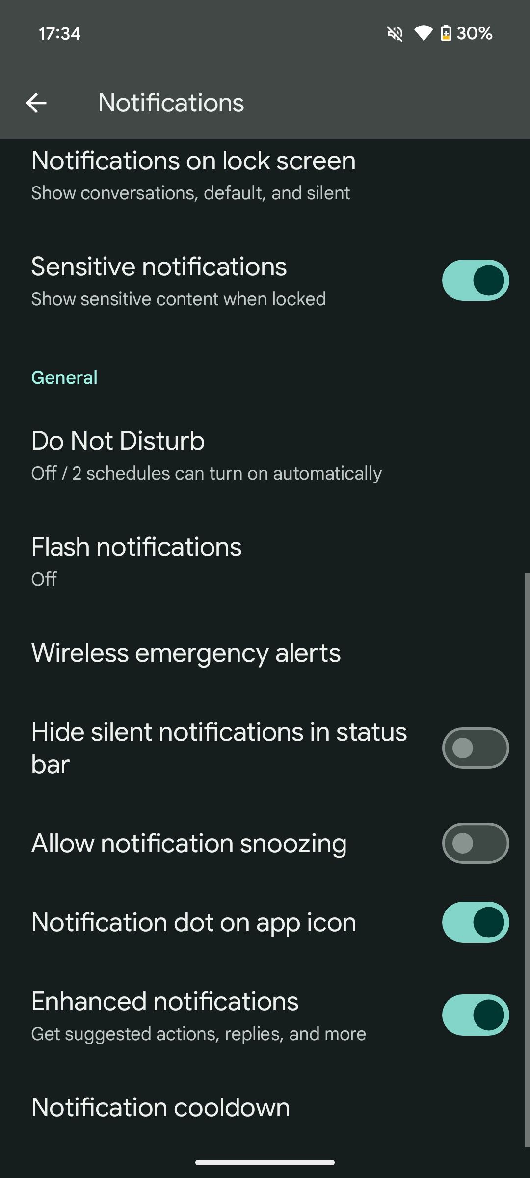 A list of notification settings in the Android 15 DP1