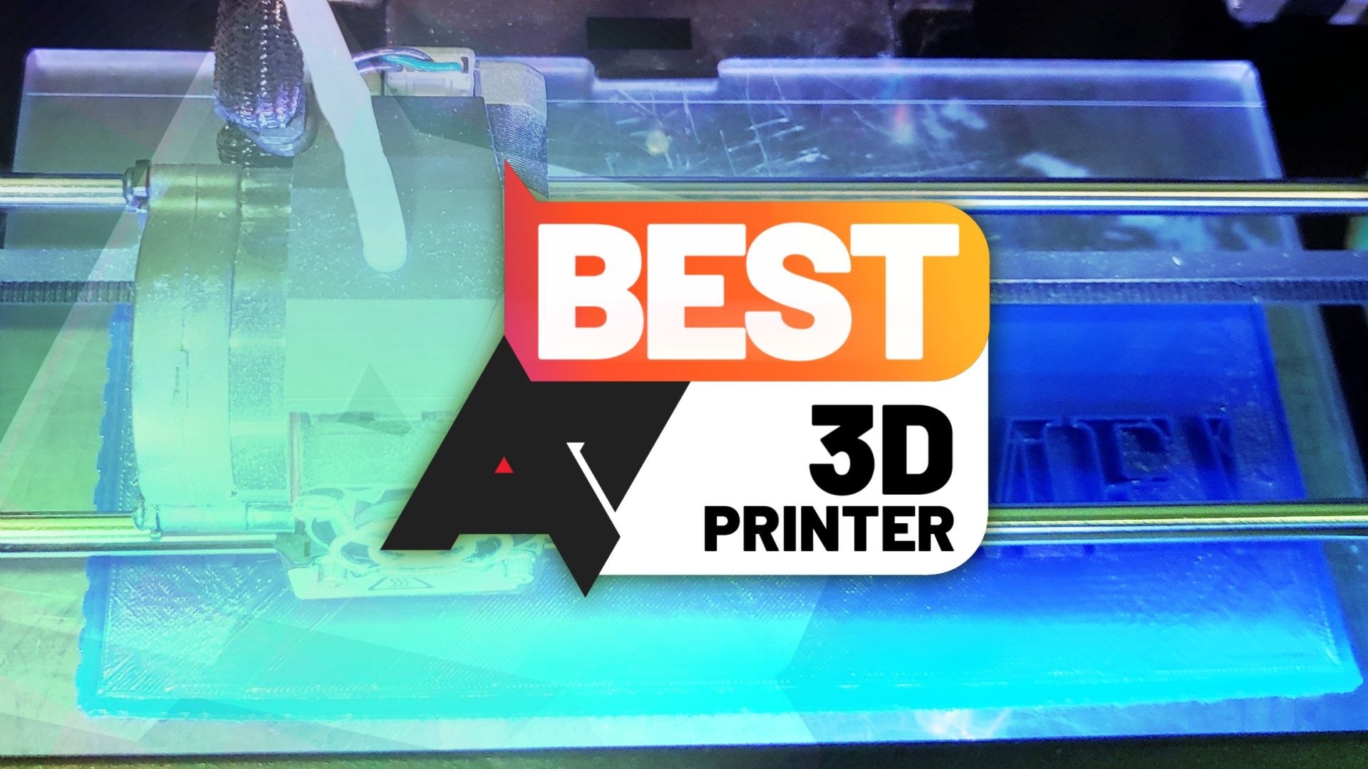 A close-up photo of a 3D printer, tinted blue, with an 'AP Best 3D Printer' logo
