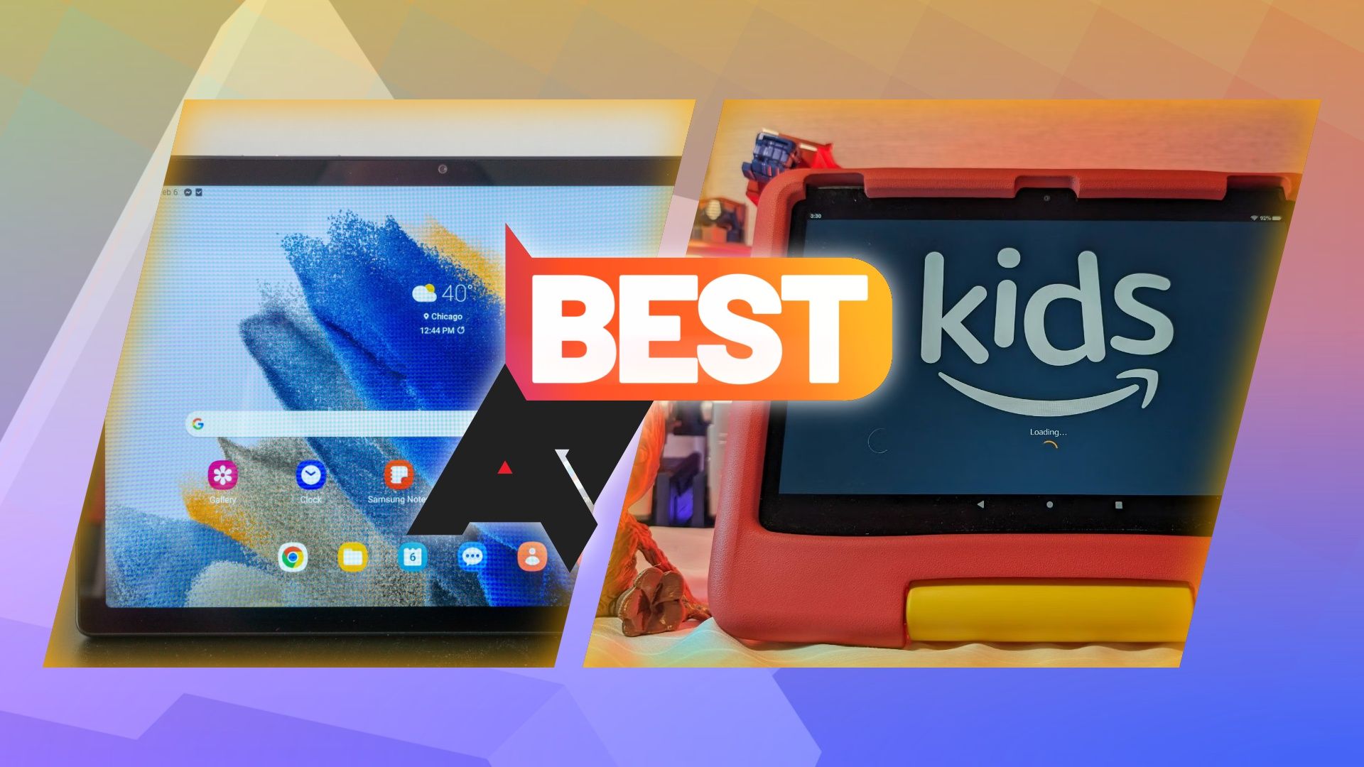 Photos of a Samsung tablet and an Amazon Fire Kids tablet, with an 'AP Best' logo in front