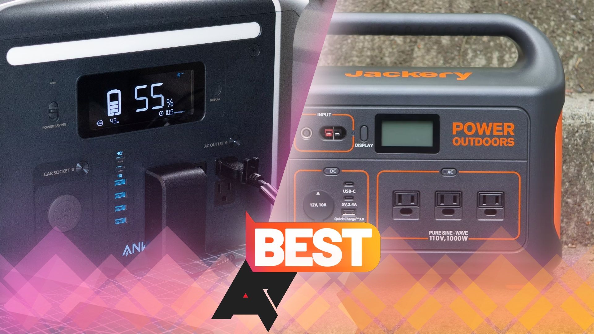 Two photos of portable power stations from Anker and Jackery with an “AP Best” logo