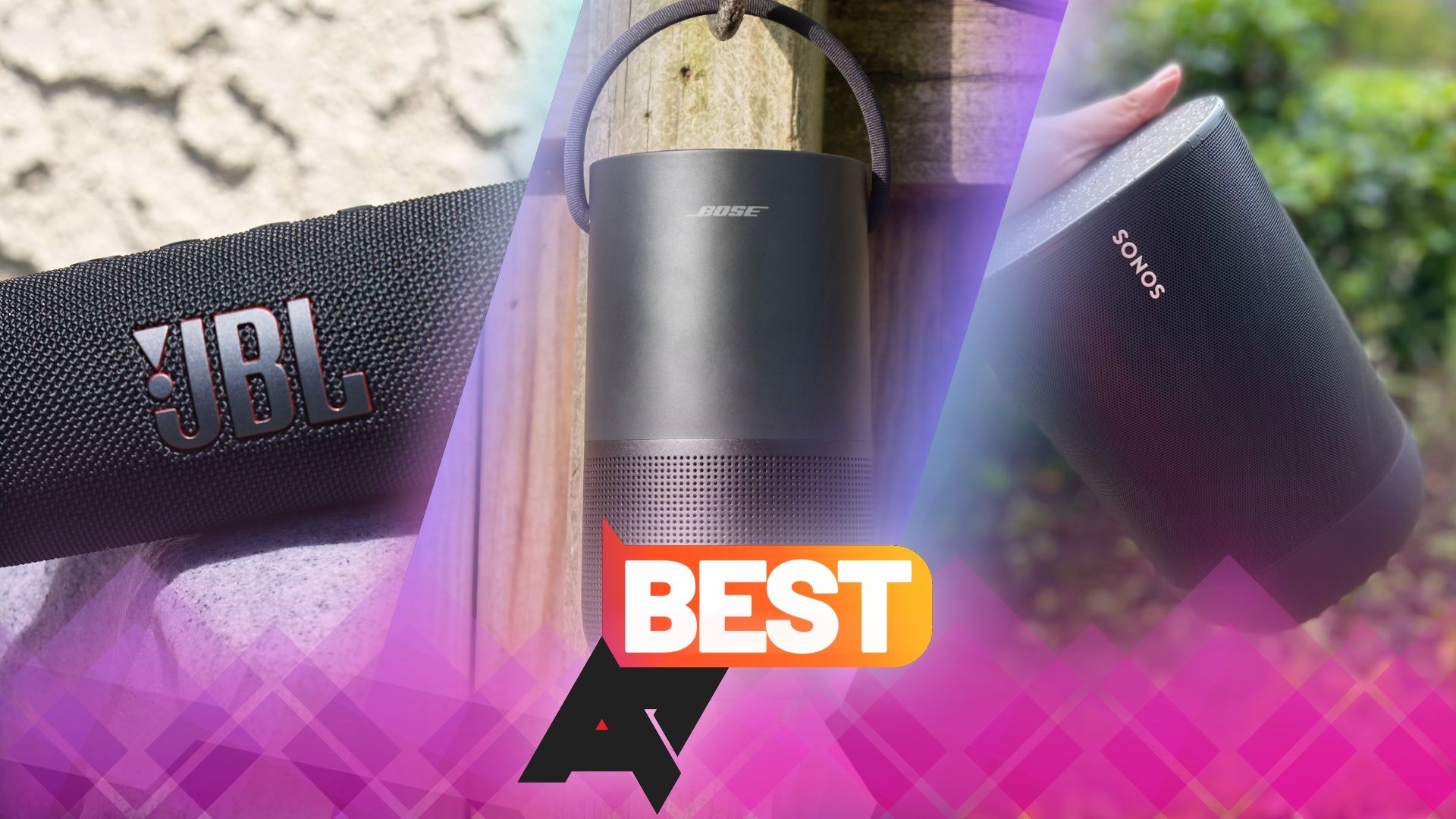 Photos of three portable speakers from JBL, Bose, and Sonos, with an AP Best logo in front