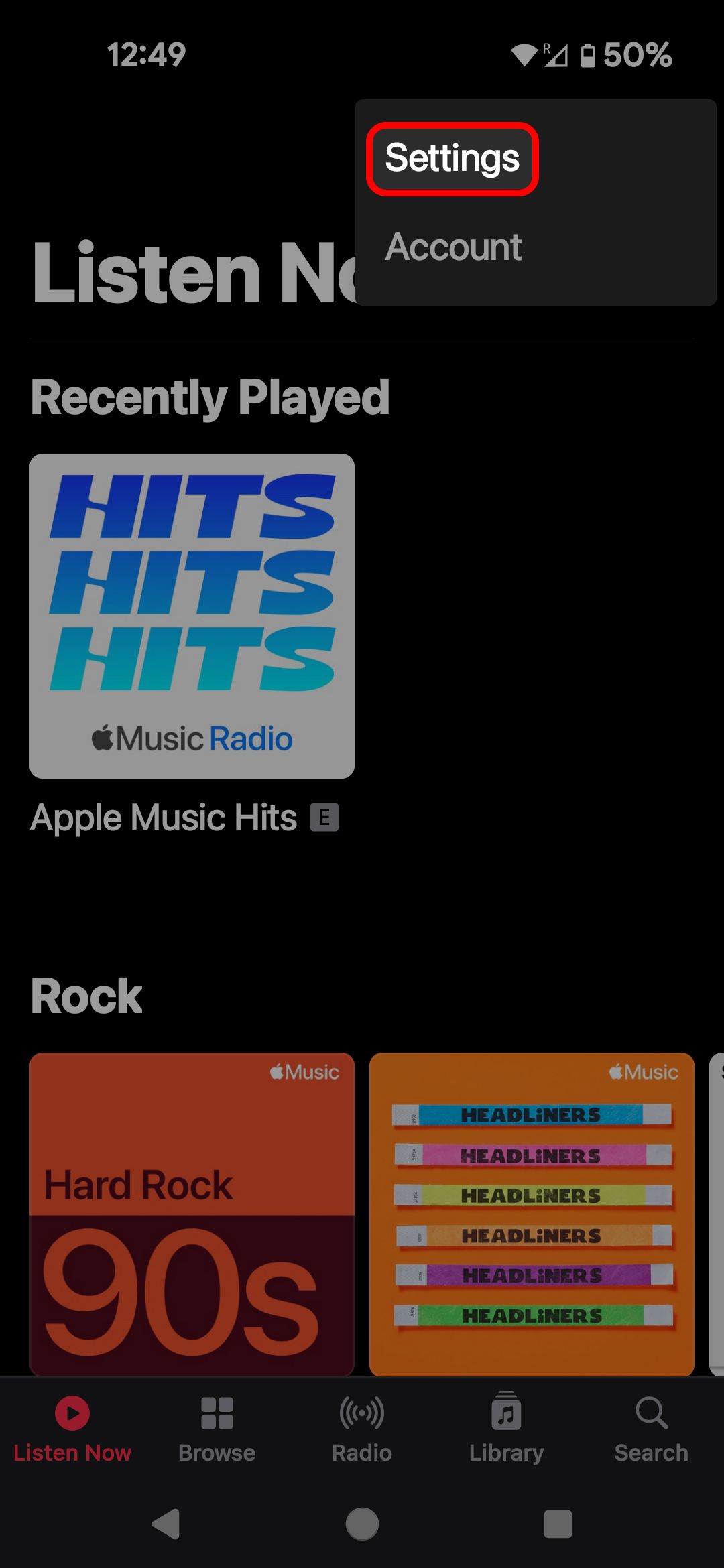 Apple Music Android app 3-dot menu highlighting the Settings option