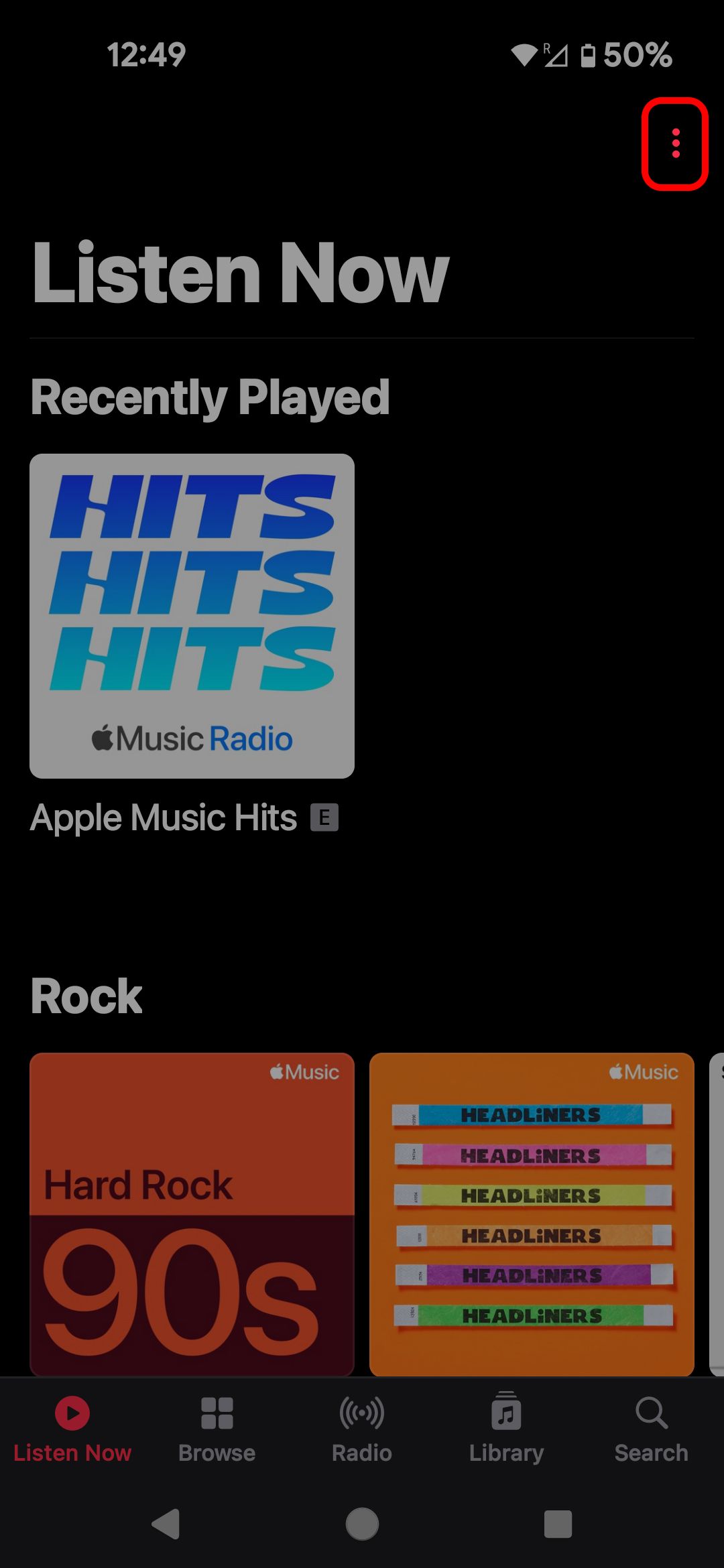 Apple Music Android app Listen Now tab highlighting the 3-dot menu