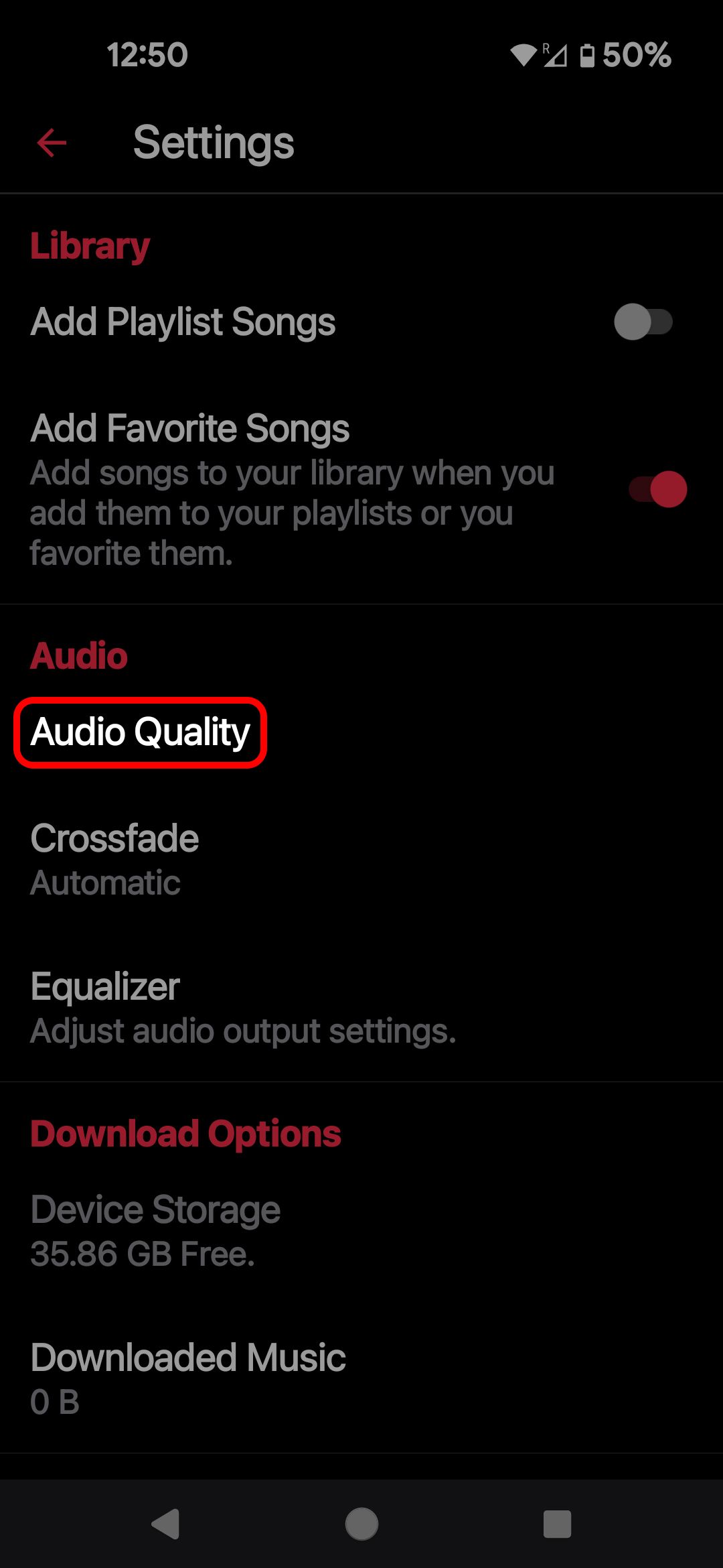 Apple Music Android app Settings menu highlighting the Audio Quality option