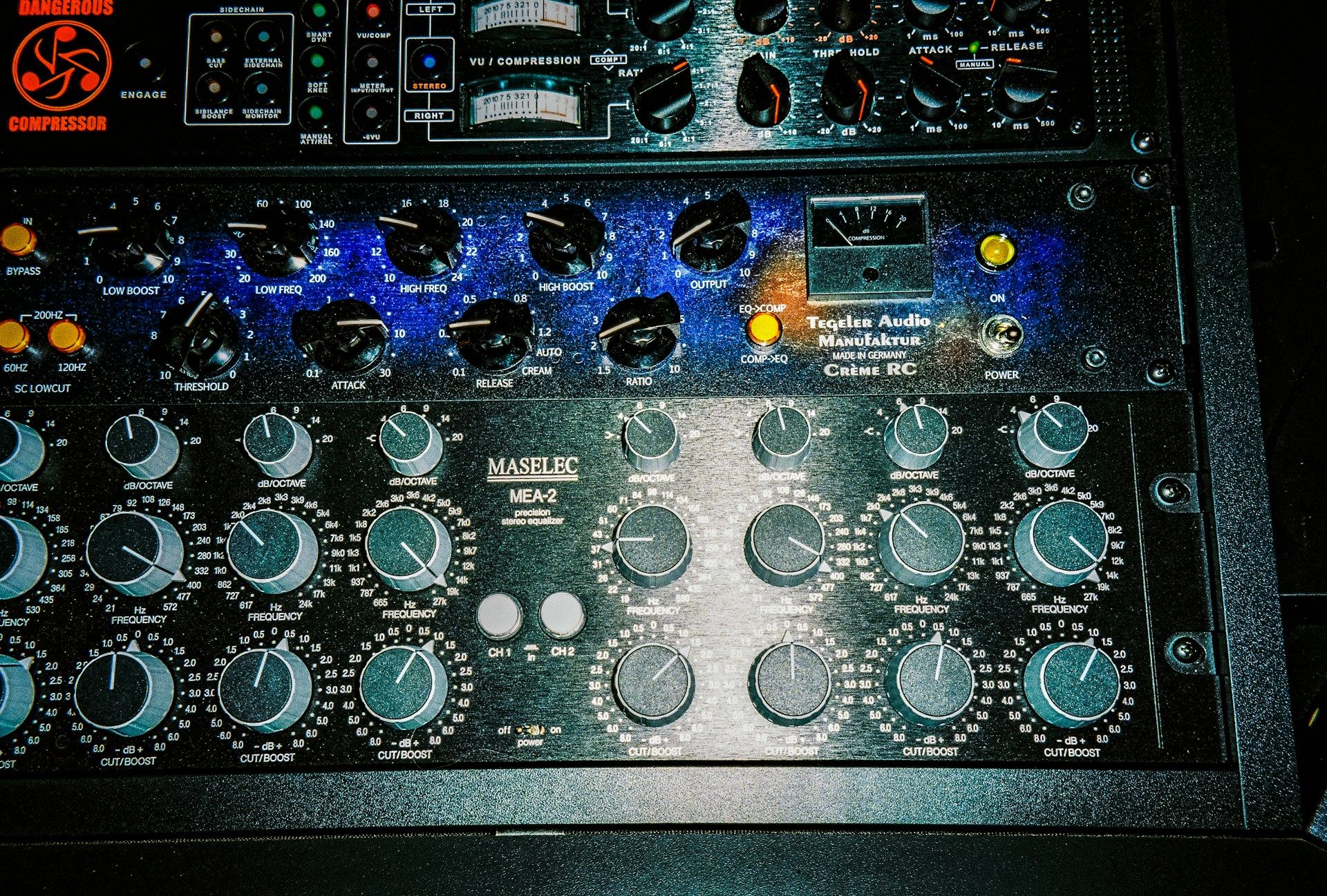 Close-up of an audio compressor device for producing music