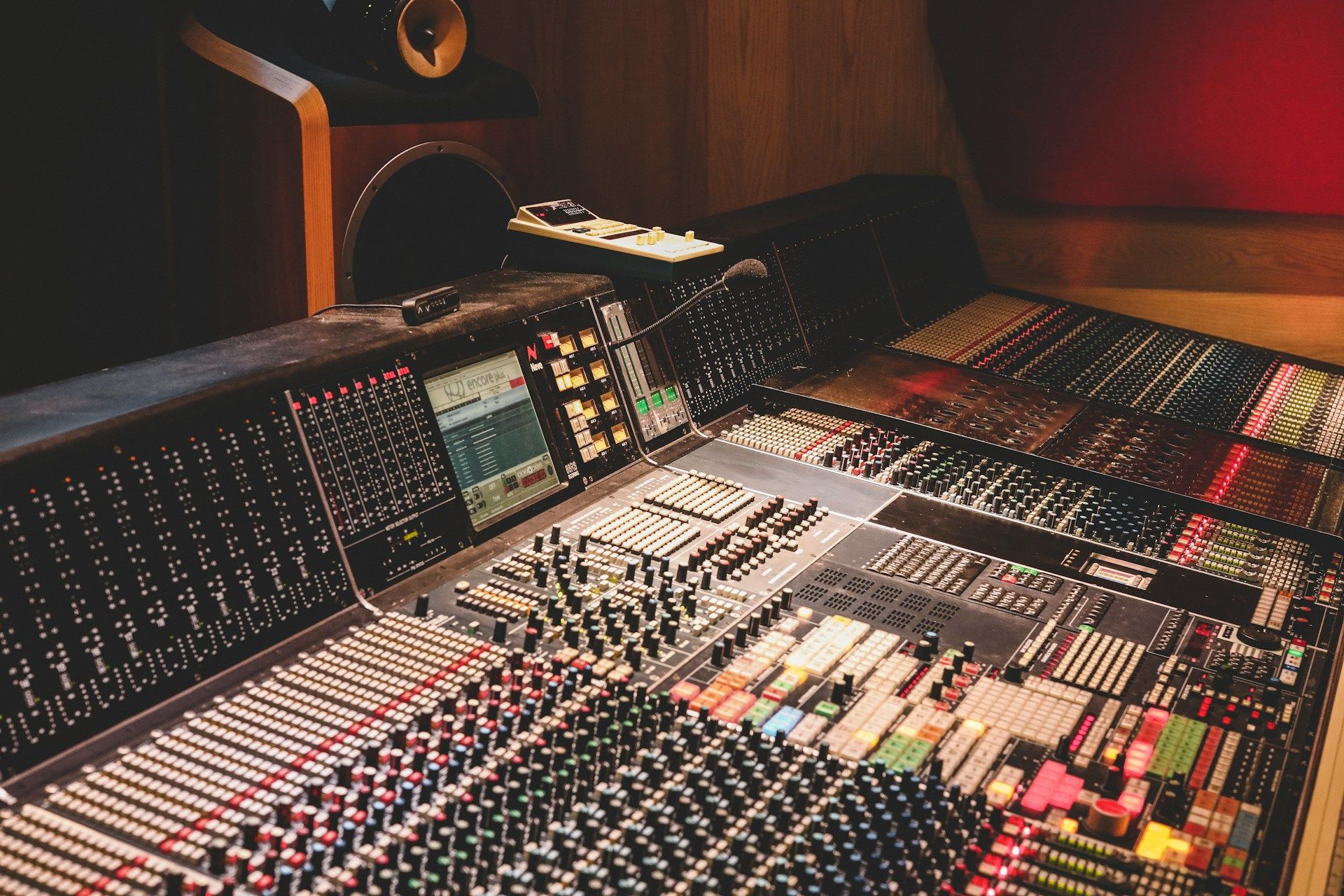 Side view of a recording studio mixing board