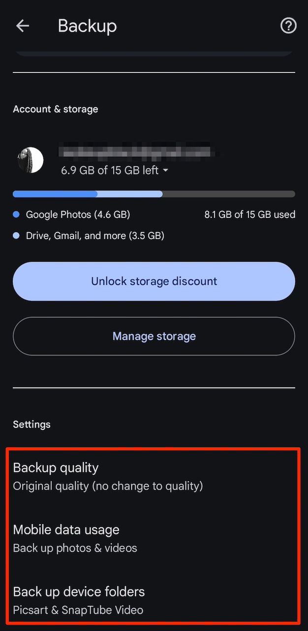 Backup settings on Google Photos app