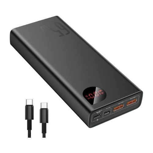 Baseus 20000mAh 65W Laptop Power Bank in black with USB-C cable