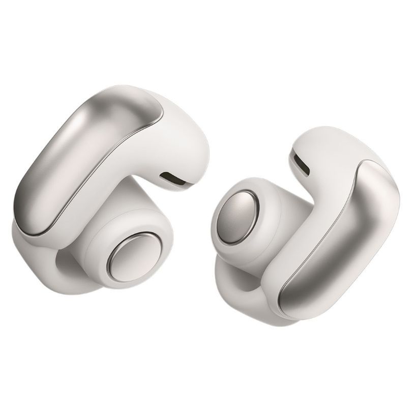 A pair of Bose earbuds over a white background