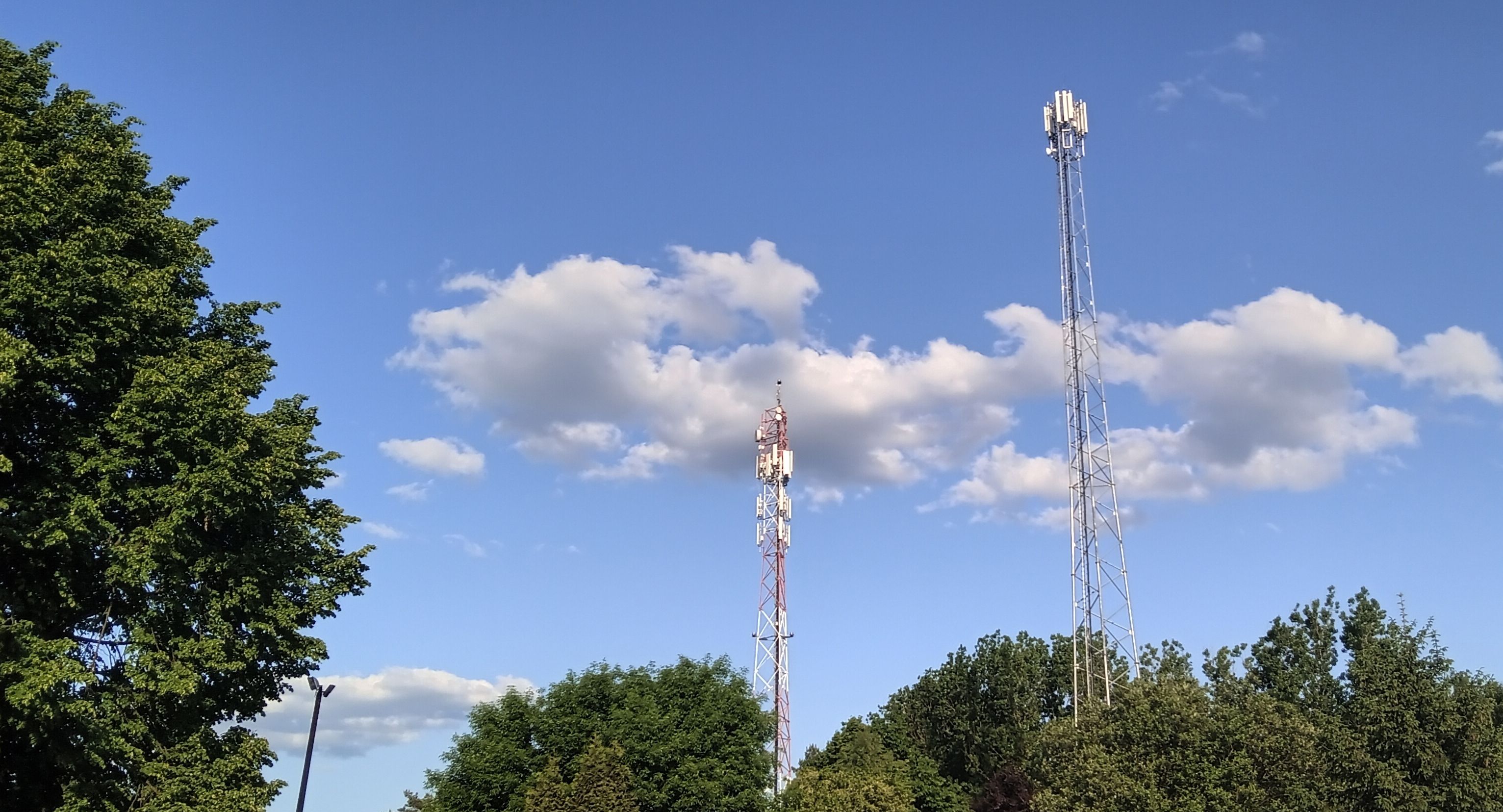 cell towers next to trees in front of a blue sky