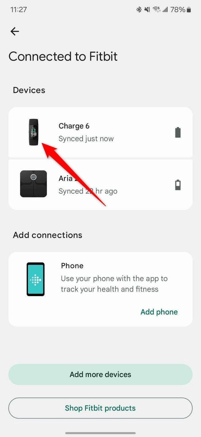 Device selection page on the Fitbit Android app