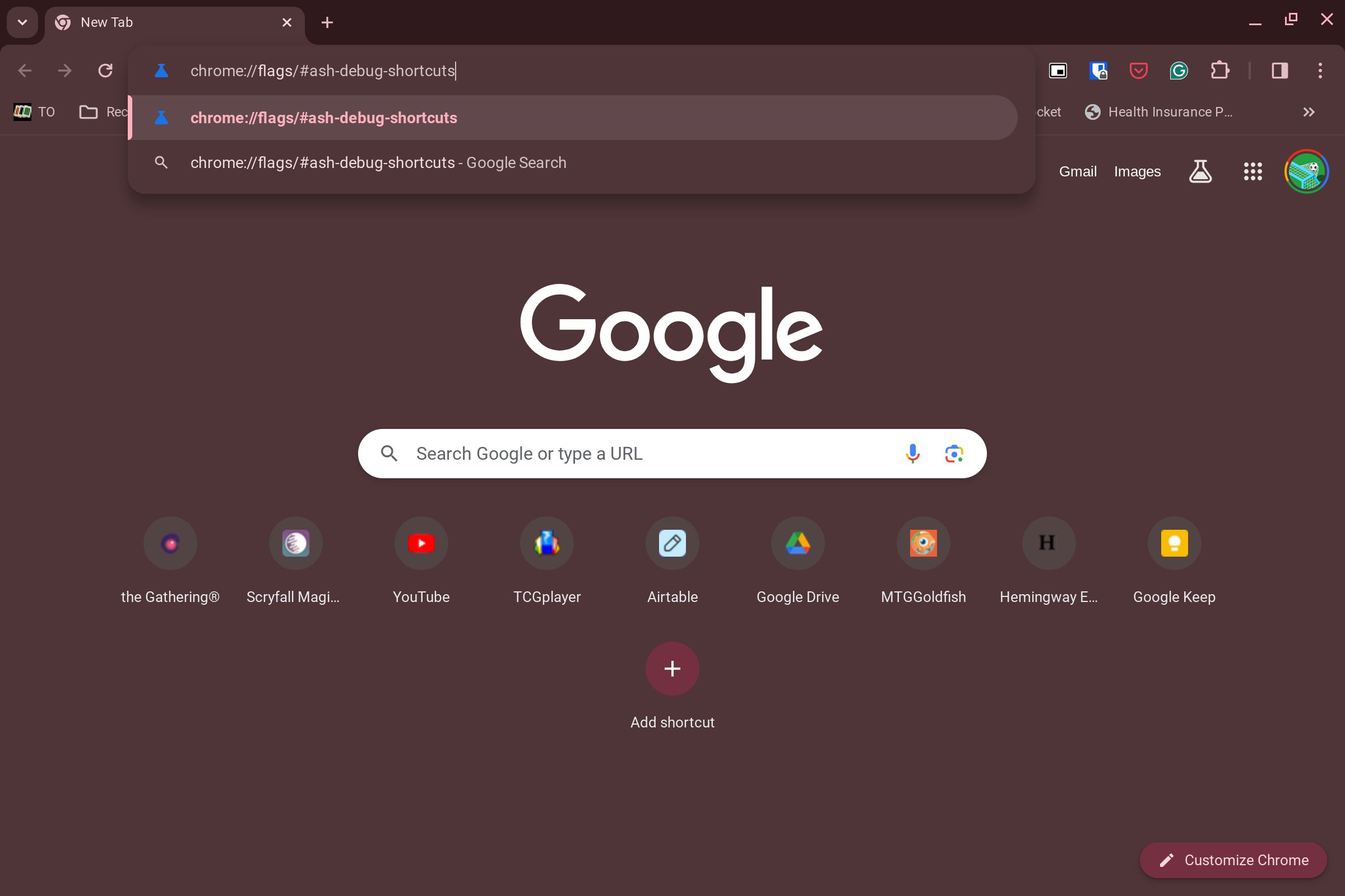 A Chrome window on a Chromebook with the search term for the Debugging keyboard shortcuts flag in the search bar