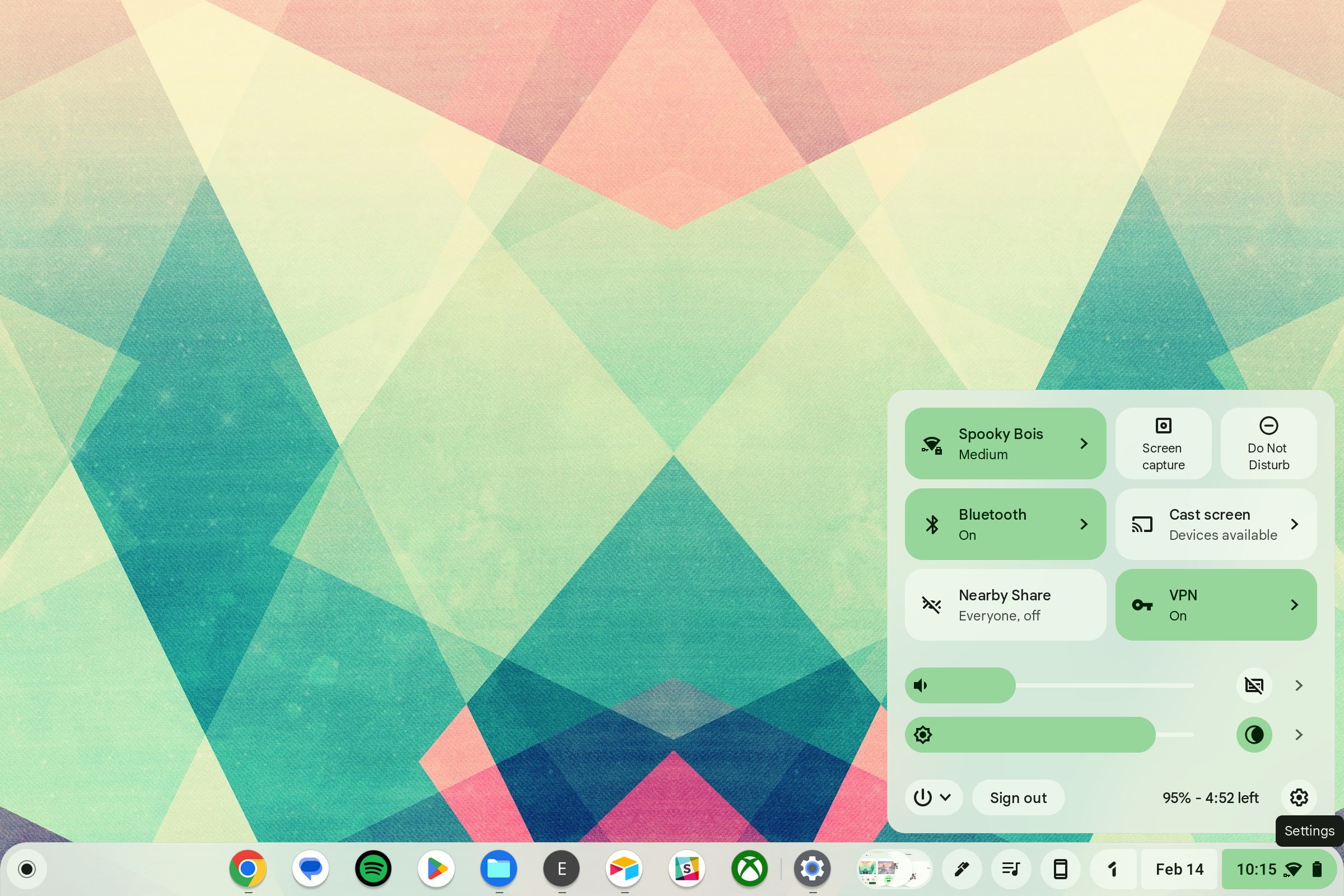 The Chromebook quick settings menu with the settings gear highlighted