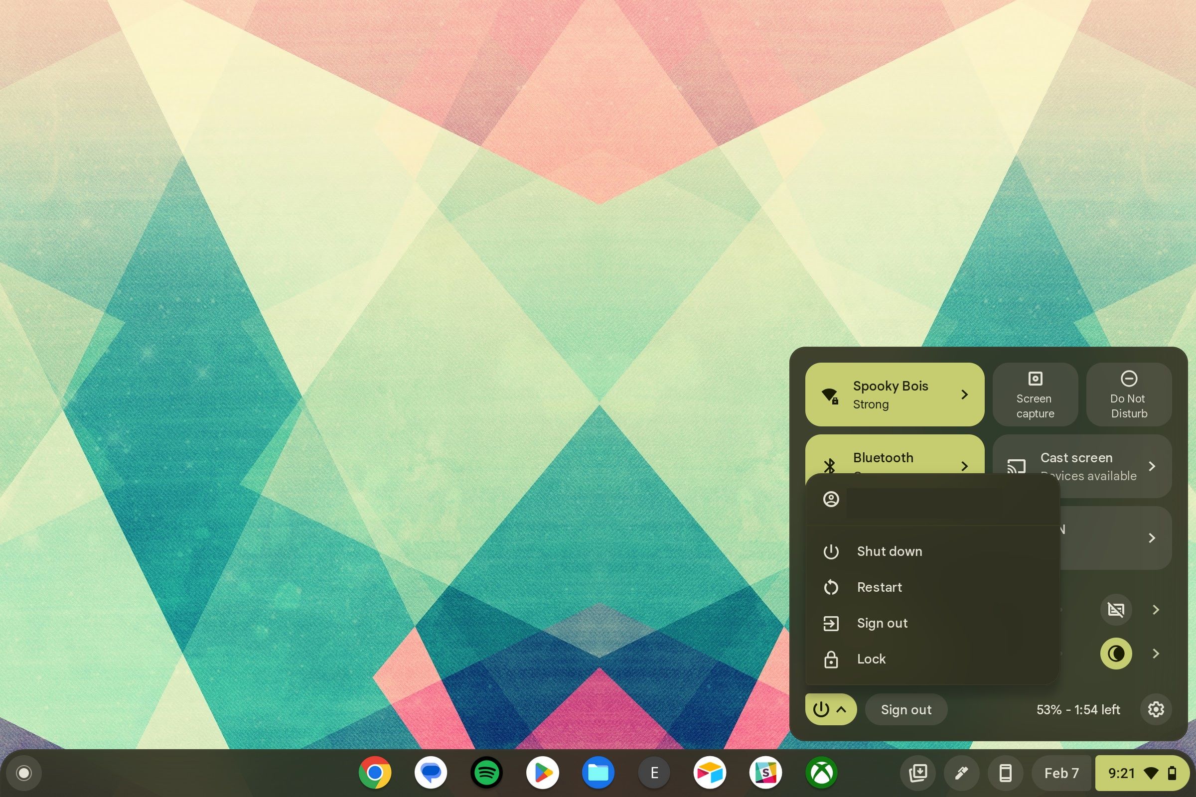 A screenshot of a Chromebook with the quick settings power menu open