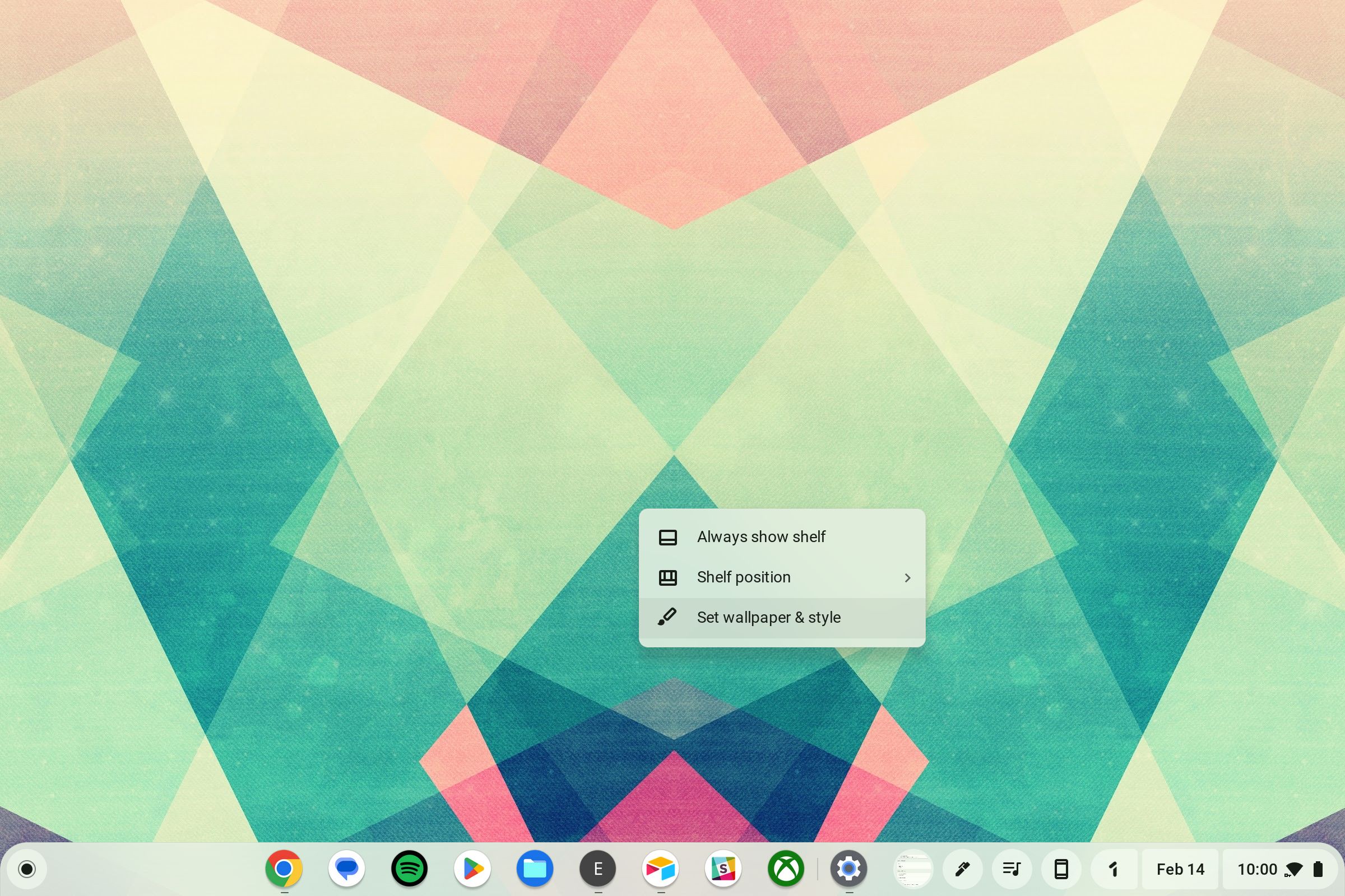 The menu that appears after right-clicking on a Chromebook's home screen