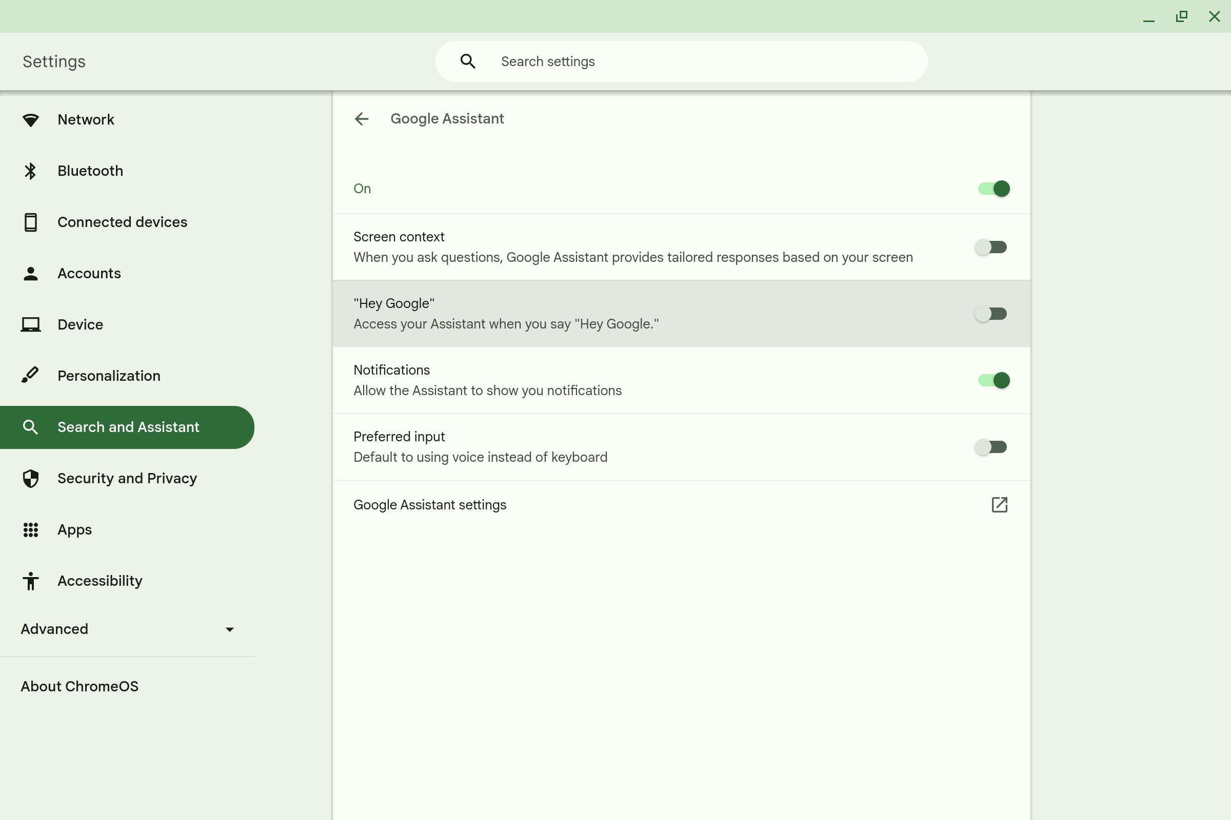 Google Assistant settings on a Chromebook with the option toggled on
