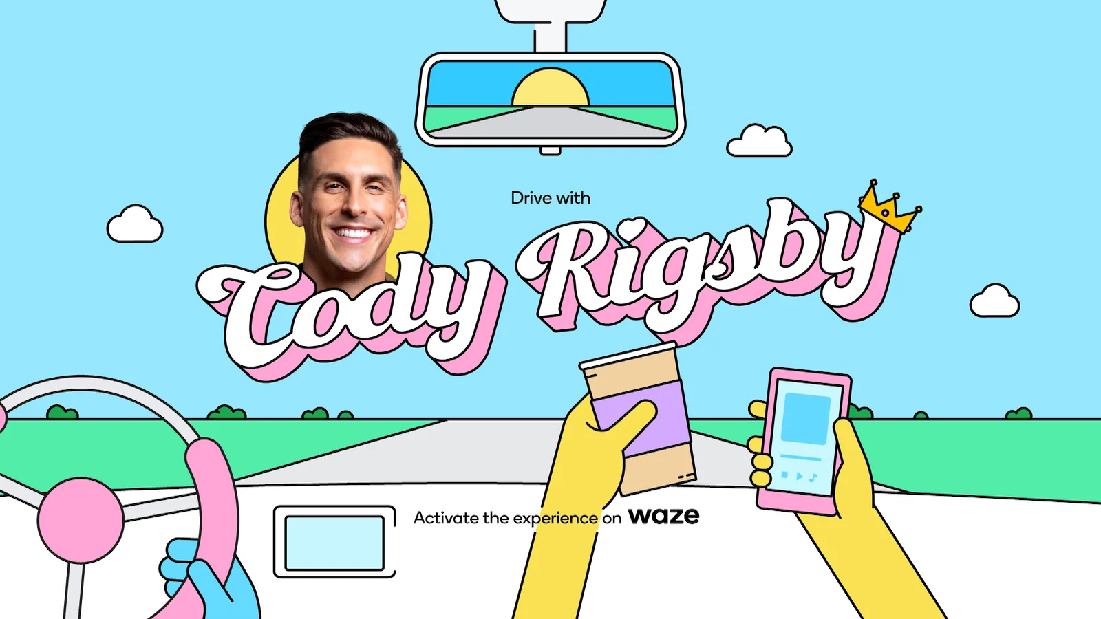Cartoon style image of a person driving with Cody Rigsby's name and likeness shown.