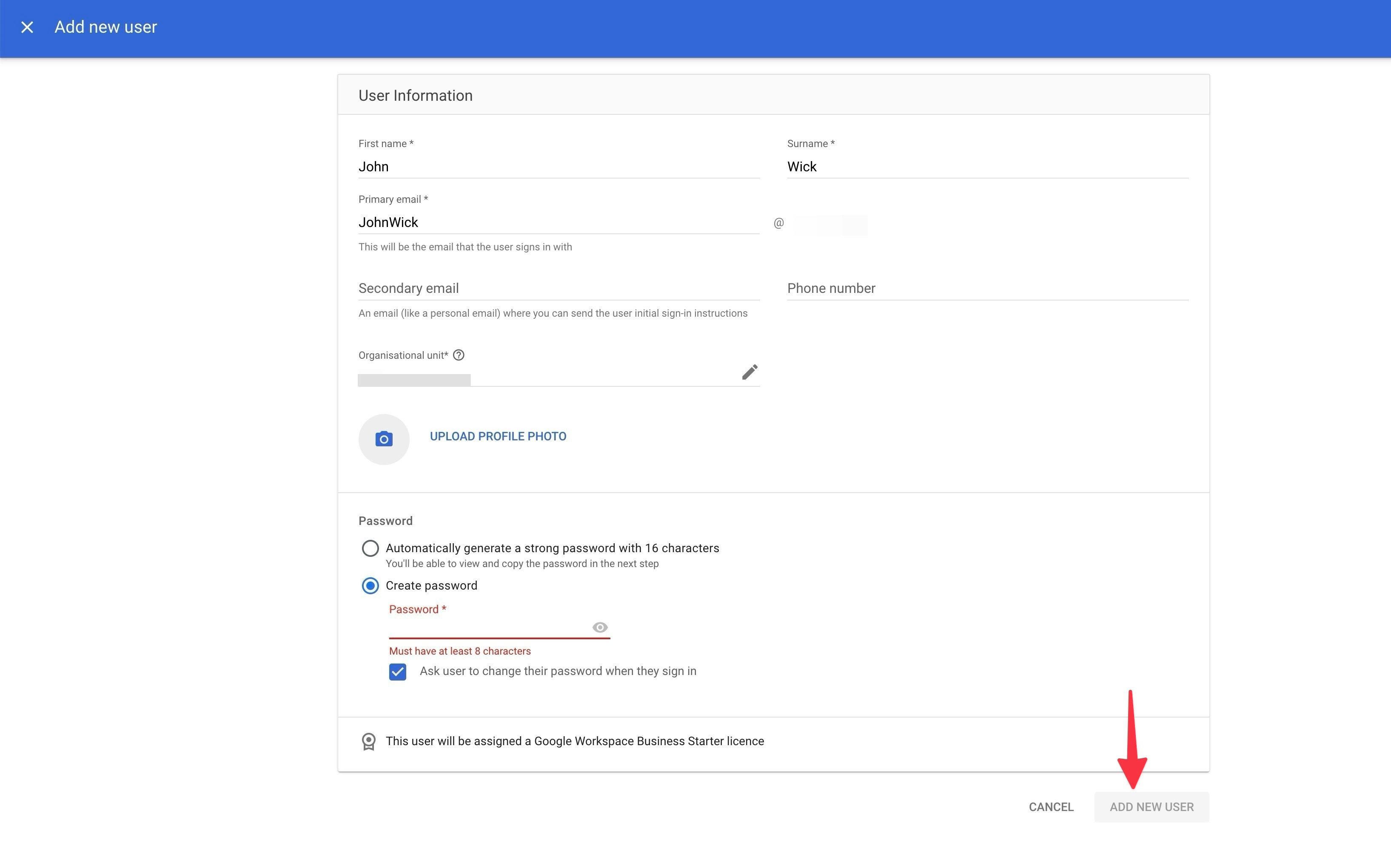 New user details in the Google Workspace admin console