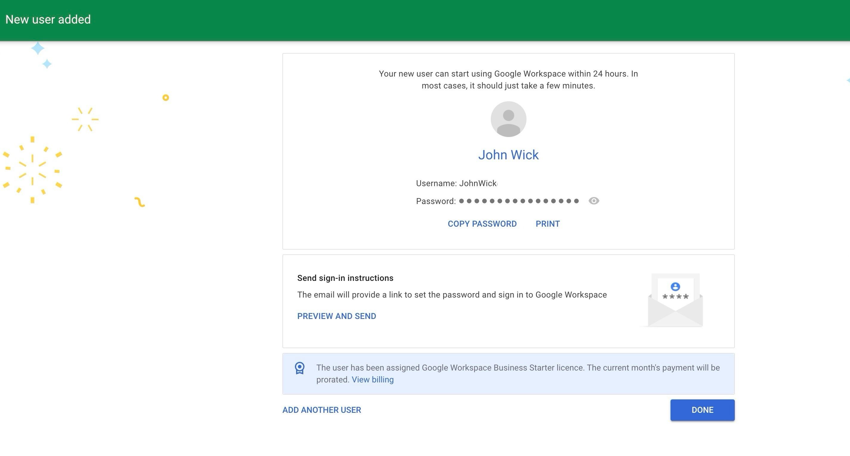 New user invitation sent to Google Workspace admin console