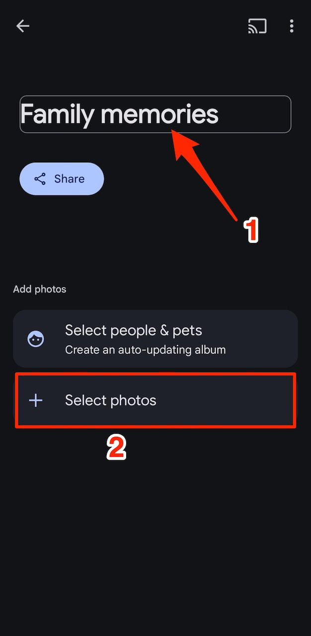 Creating a new album on Google Photos app