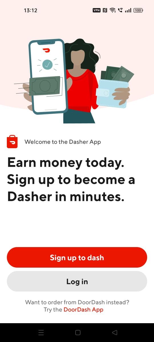 Screenshot of the signup/ login page in the Dasher app