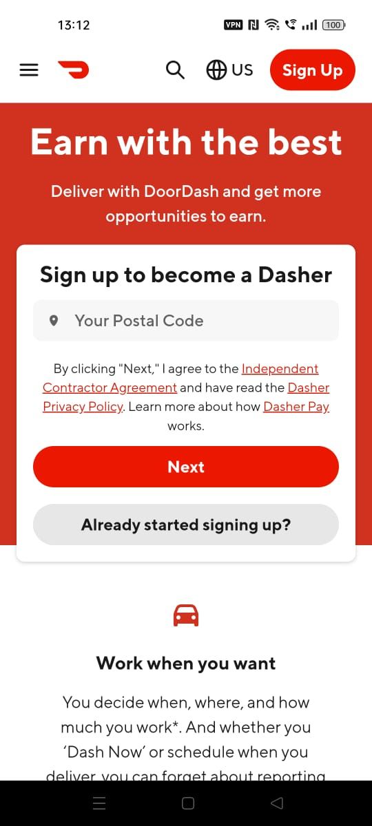 Screenshot of the signup page in the Dasher app