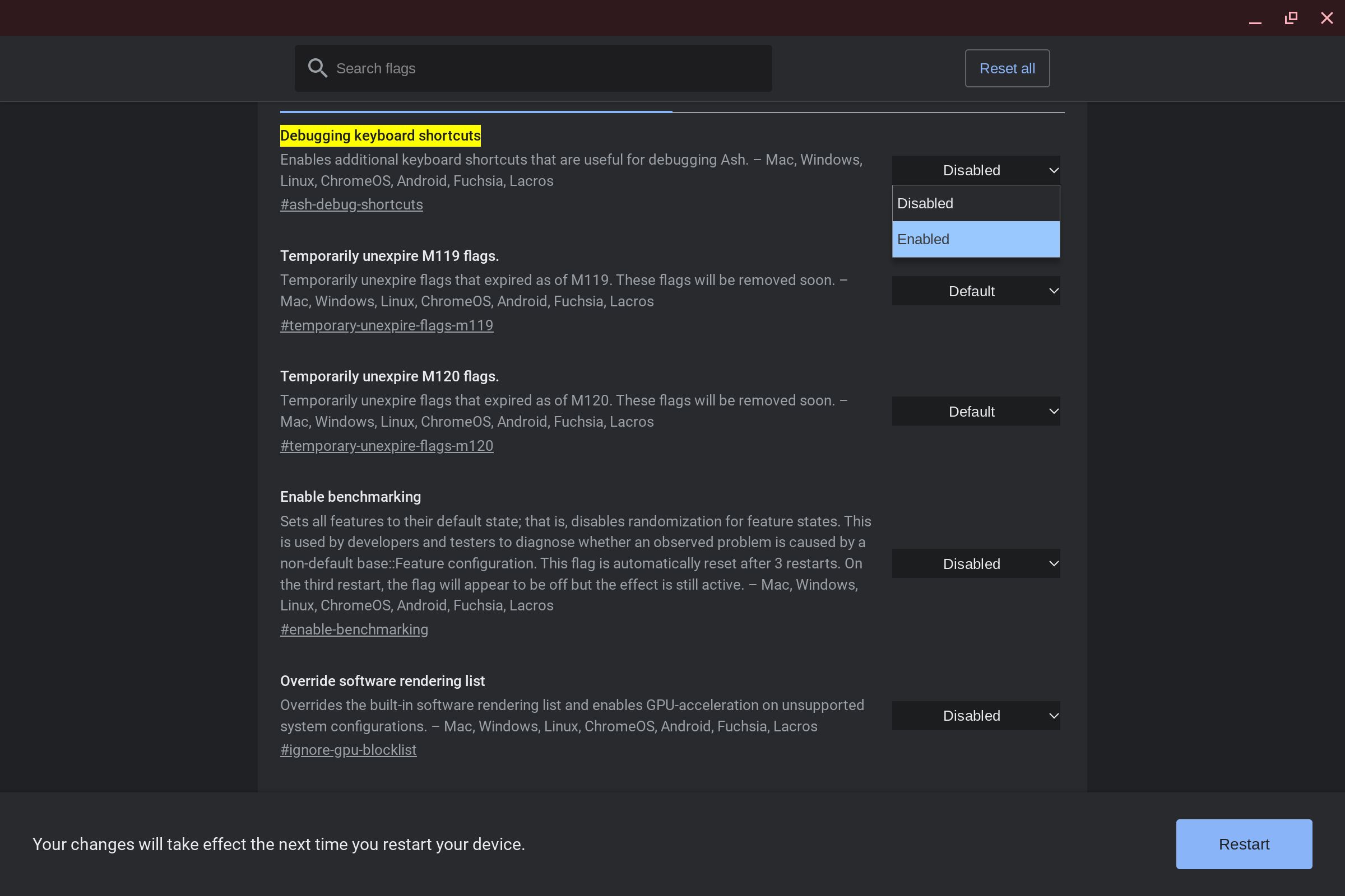 The Chromebook flags menu with the Debugging keyboard shortcuts option highlighted and the dropdown being changed to Enabled