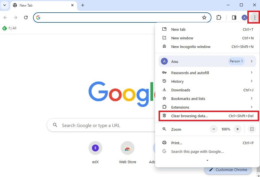 Screenshot highlighting 'Clear browsing data' in Chrome