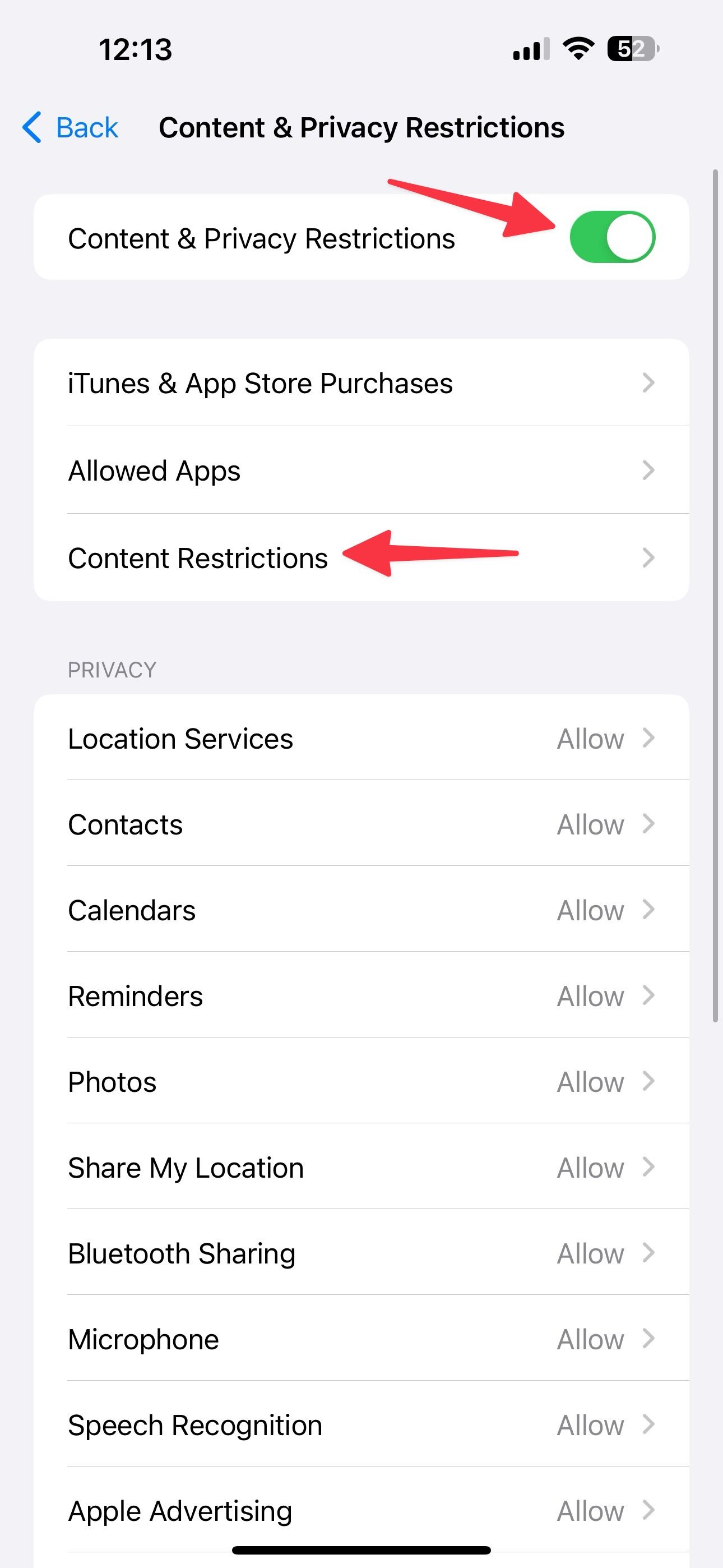 enable content restriction on iPhone