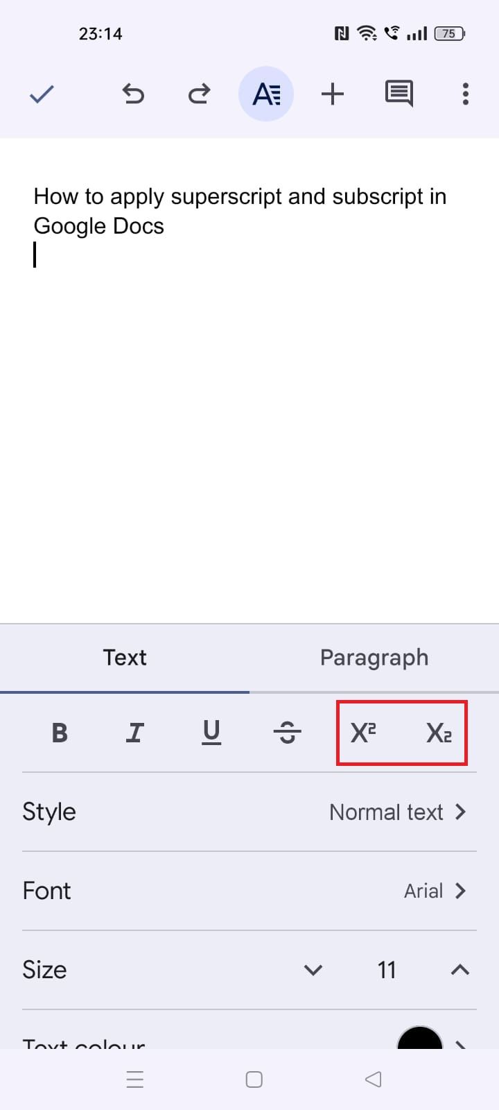 Screenshot highlighting the superscript and subscript option in the Google Docs mobile app
