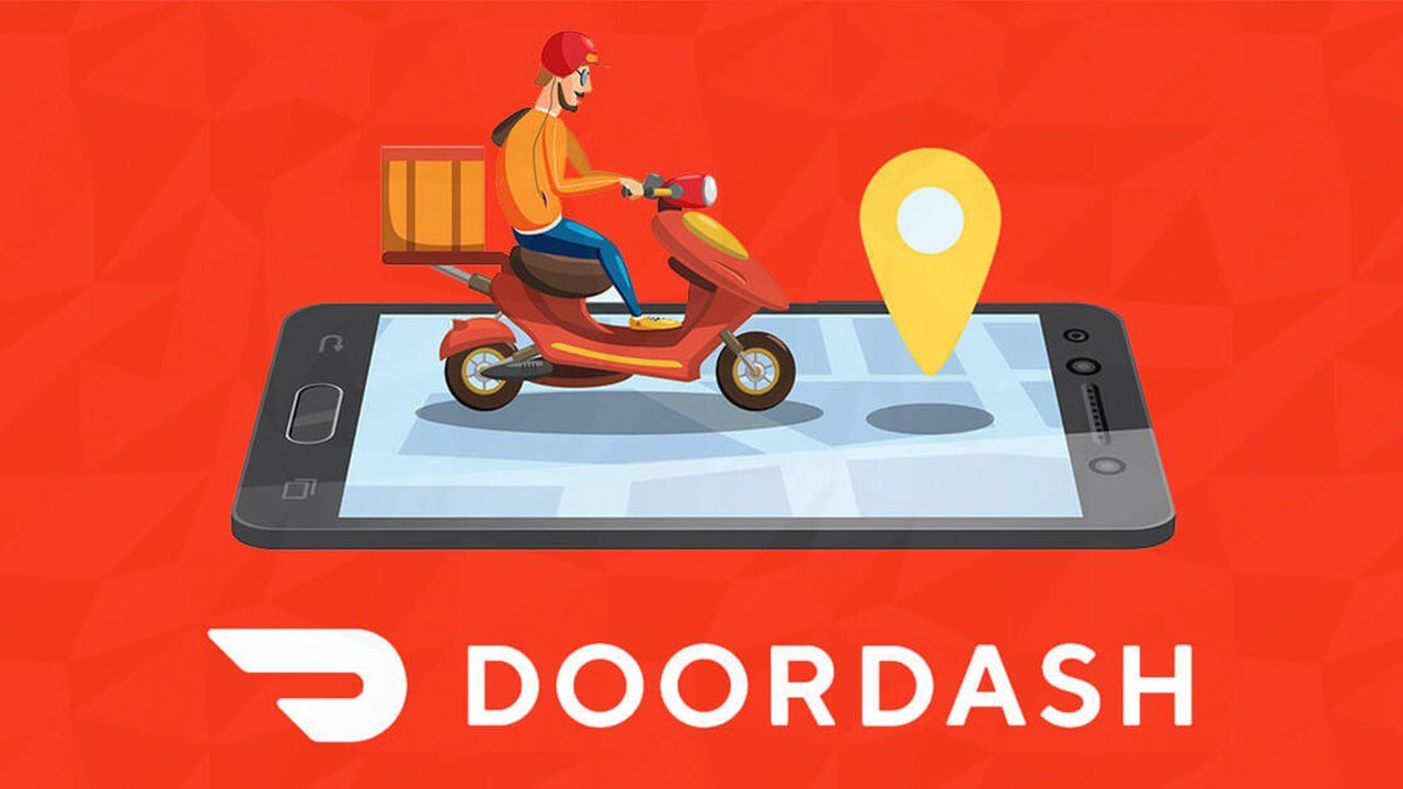 Illustration of a DoorDash driver making a delivery, and the DoorDash logo beneath it