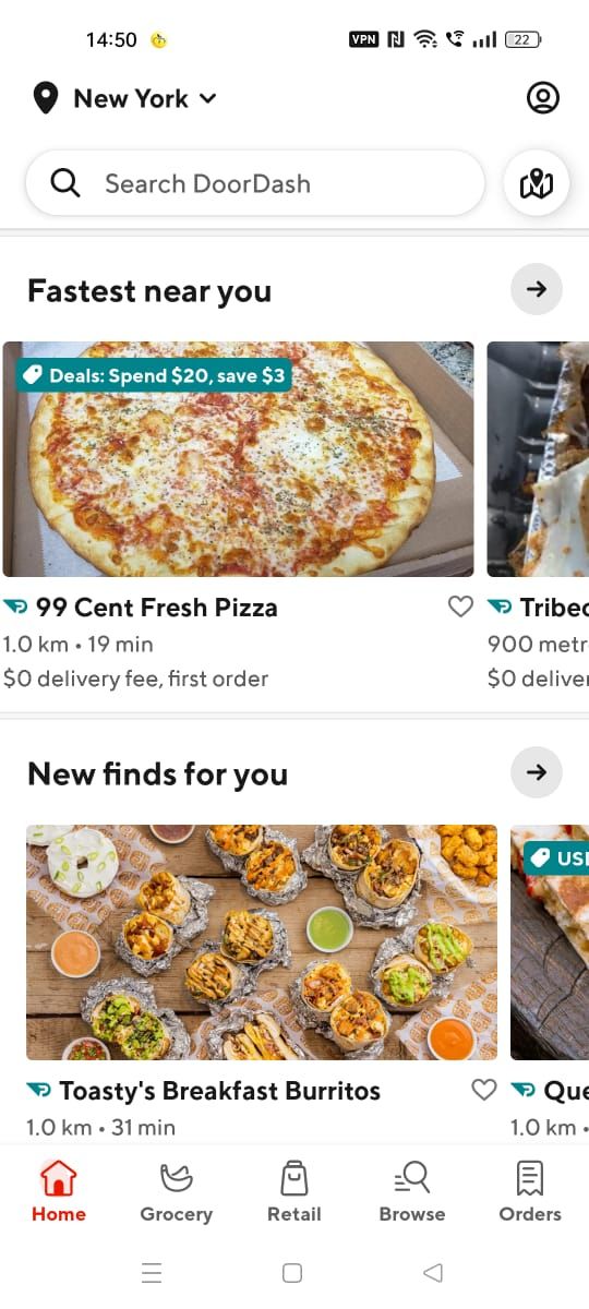 Screenshot of the home page of the DoorDash app