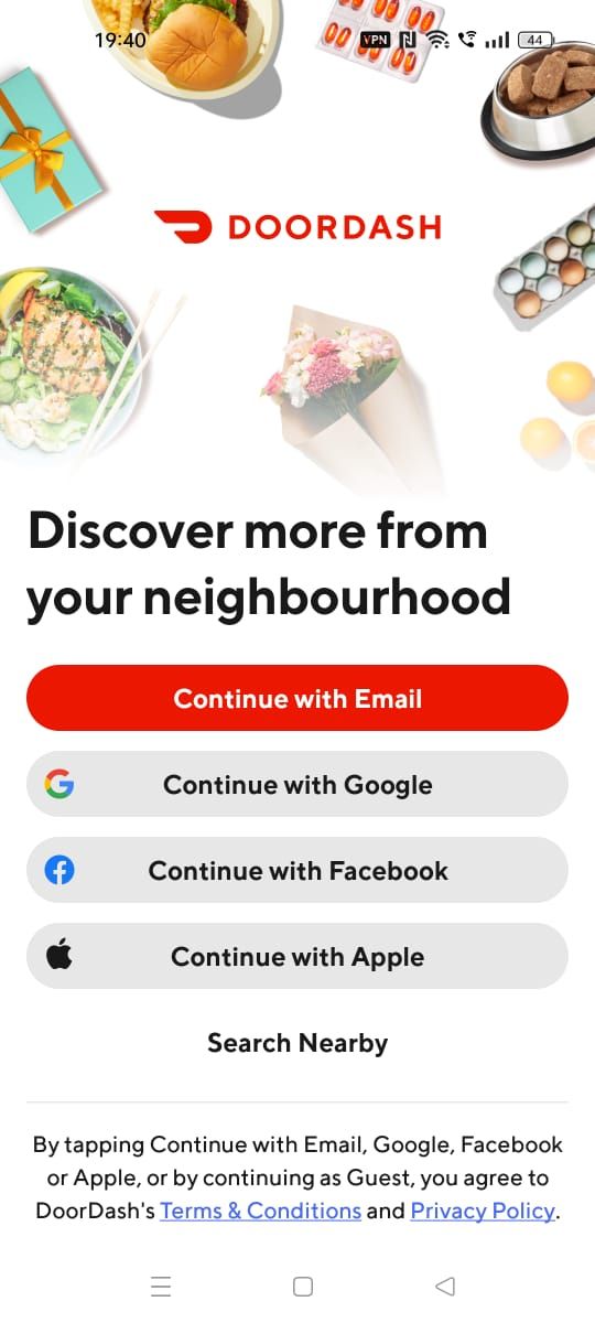 Screenshot showing the Sign up page on the DoorDash app