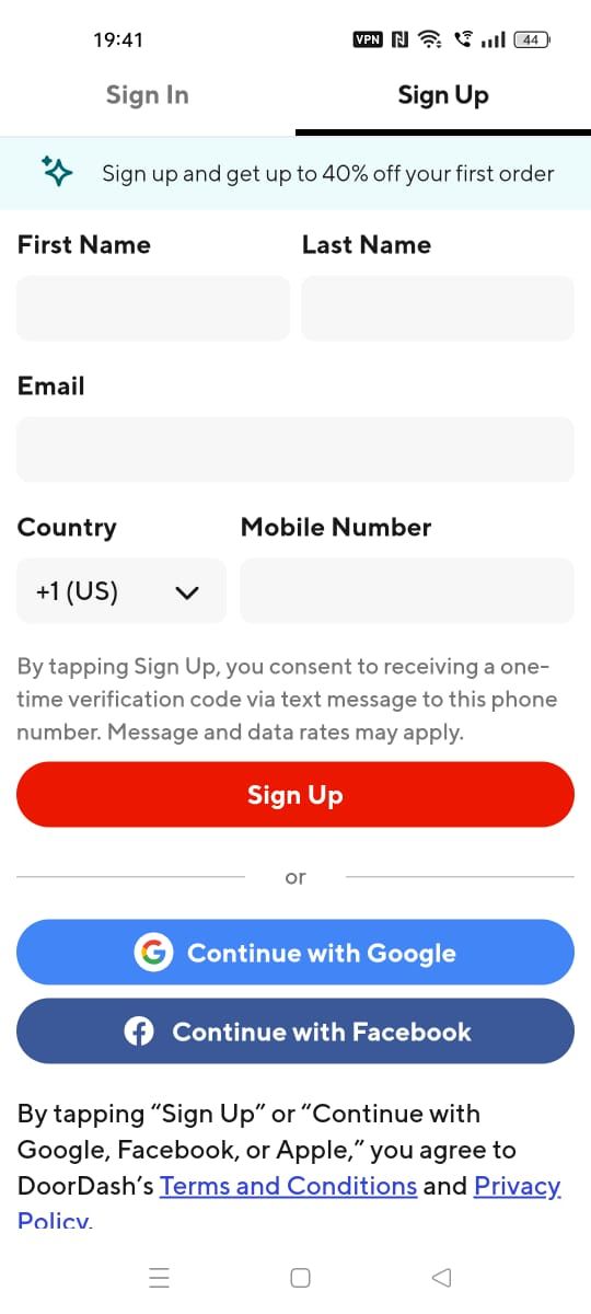 Screenshot showing the sign up options on the DoorDash app