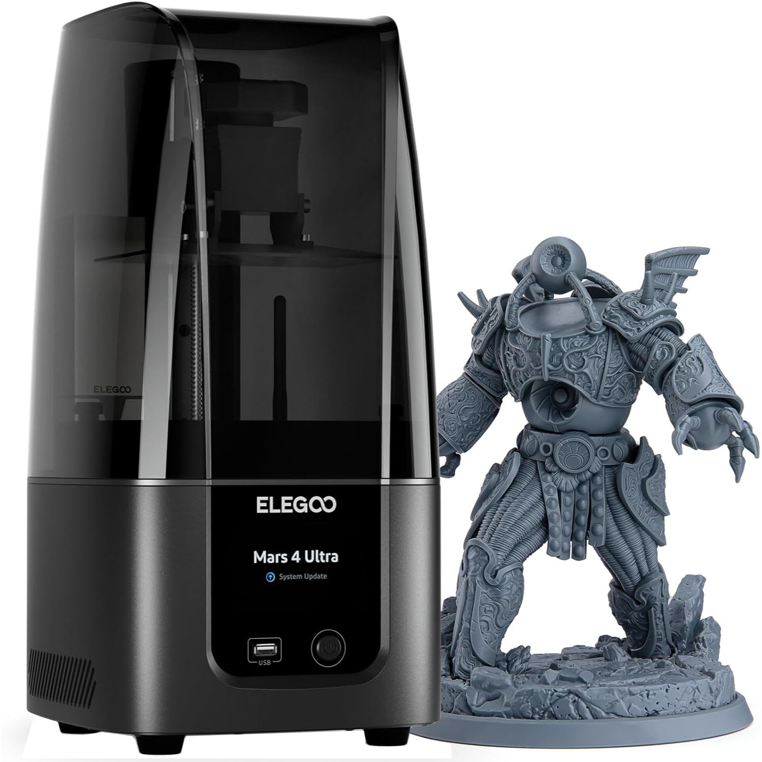 Elegoo Mars 4 Ultra 9K, angled view beside print