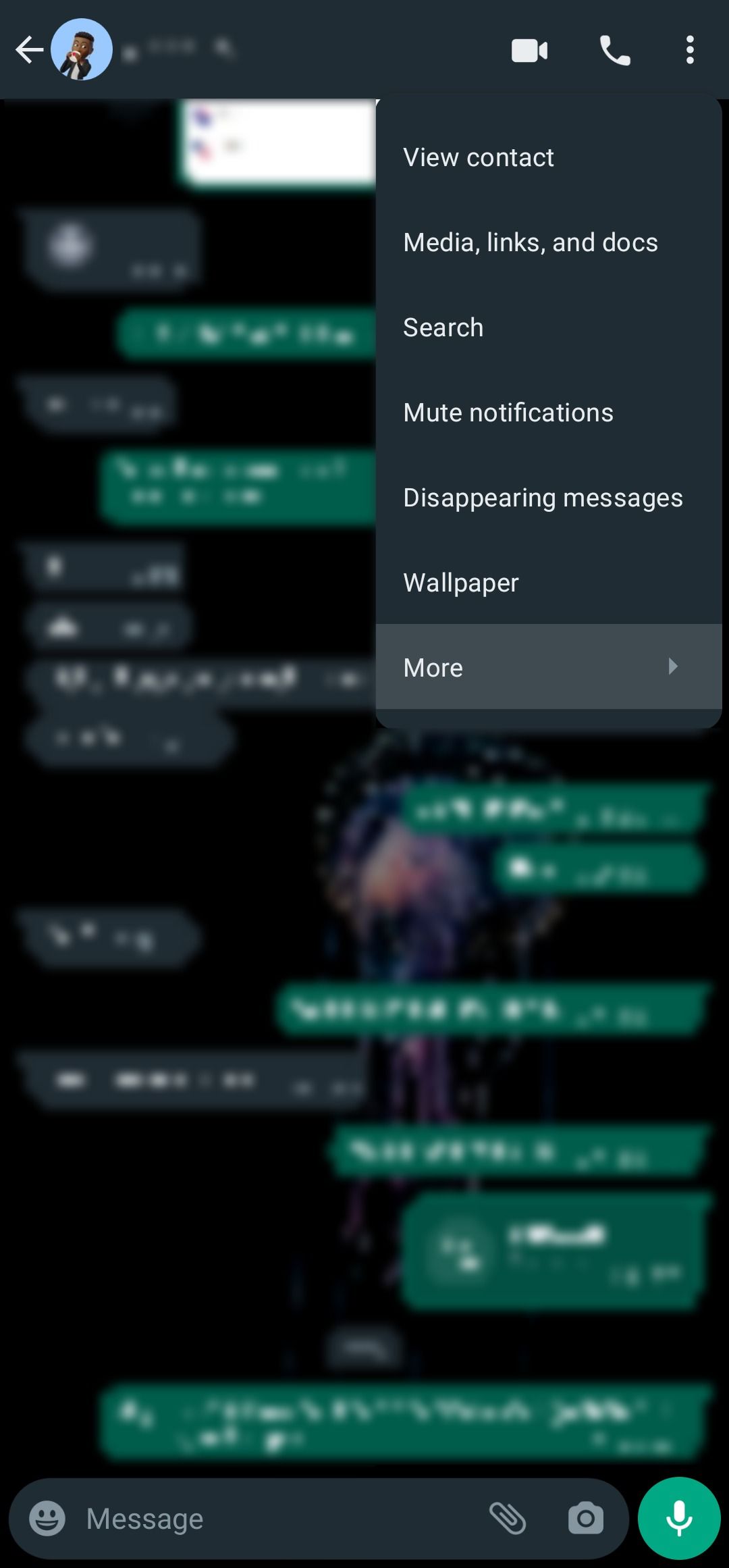 Open WhatsApp chat with options drop-down