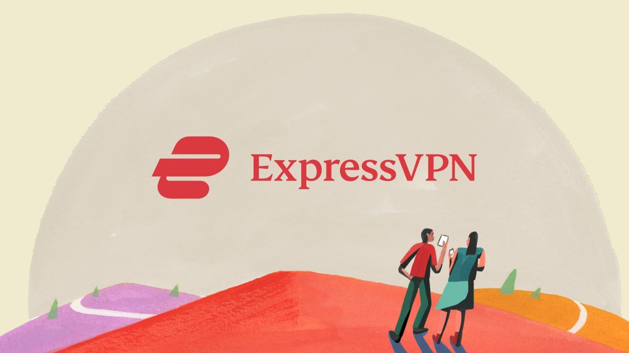 The ExpressVPN logo and text, set against an illustration of a man and woman on their phones