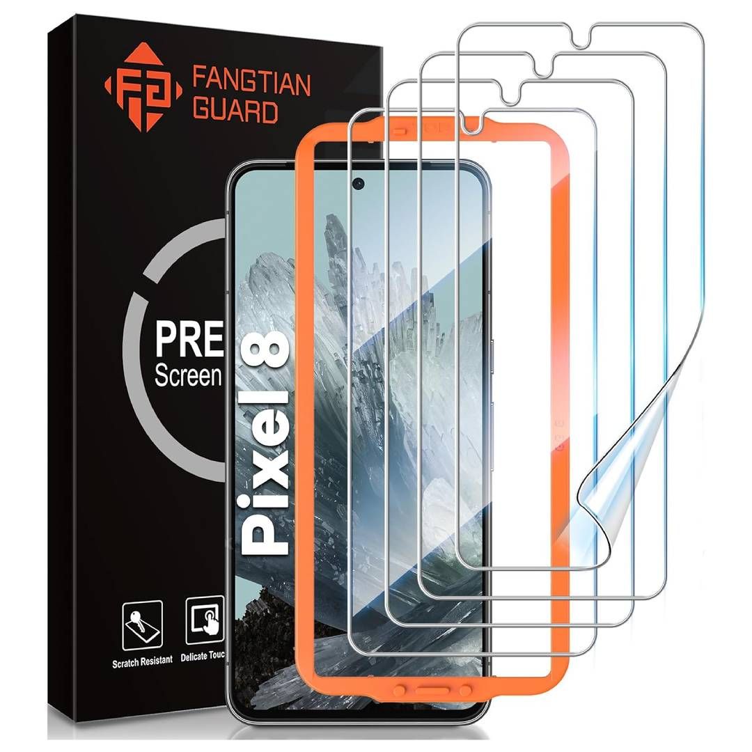 A render of the four-pack of Fangtian Film screen protectors for the Pixel 8