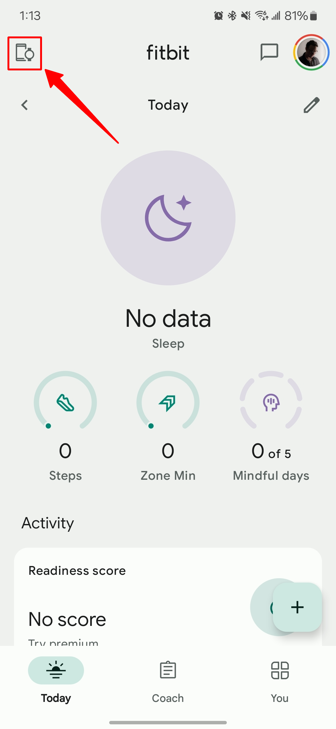 Screenshot of Fitbit app home screen with arrow pointing to the devices icon.