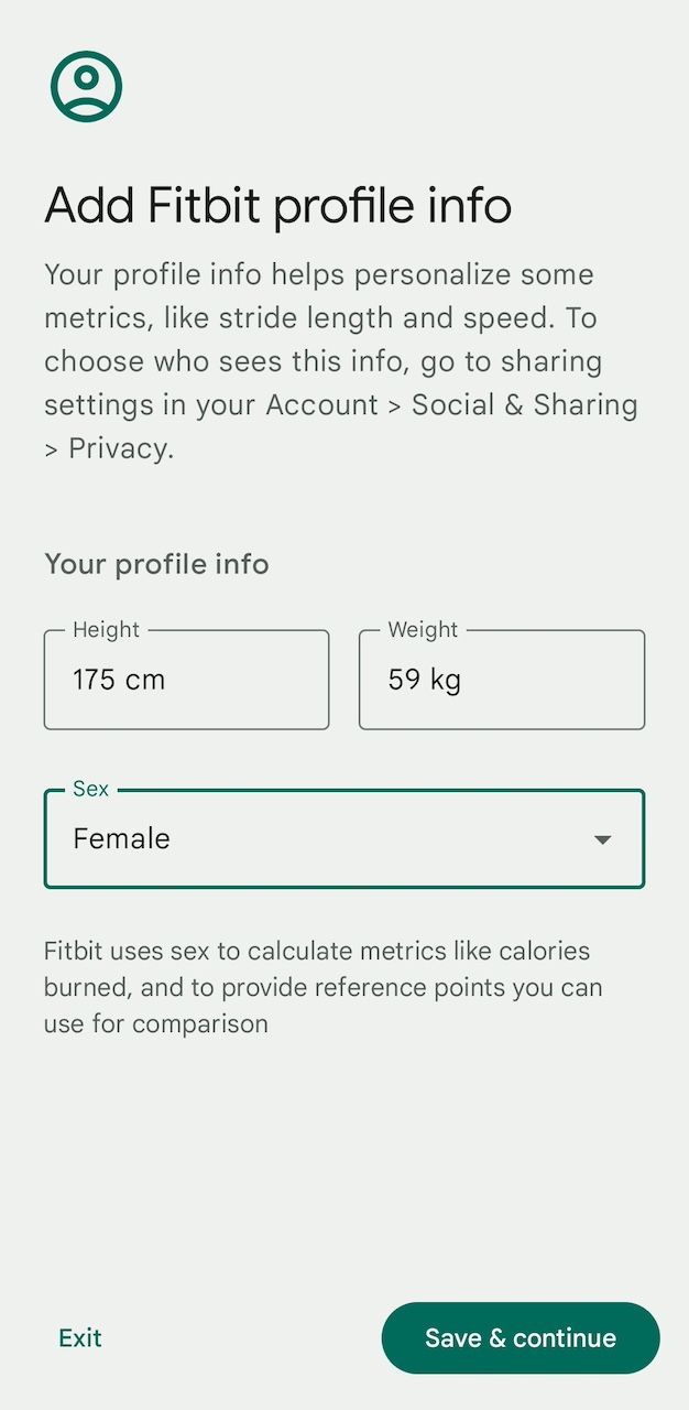 Fitbit app profile info form