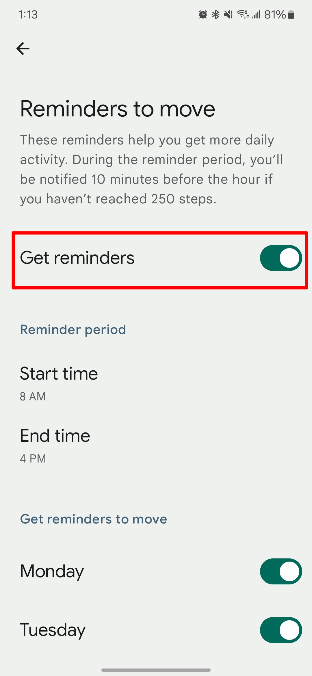 Screenshot of Fitbit app settings with get reminders turned on in the reminders to move section.