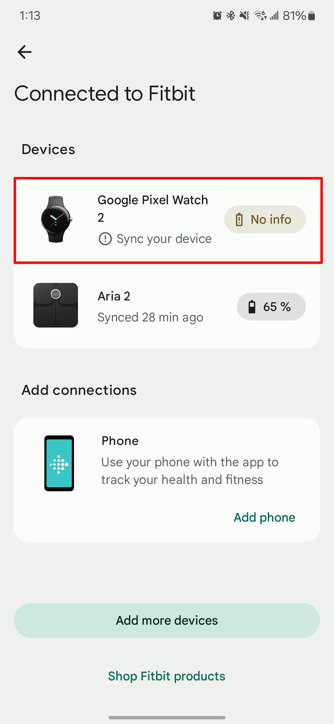 Screenshot of Fitbit app showing connected devices with Google Pixel Watch 2 highlighted.