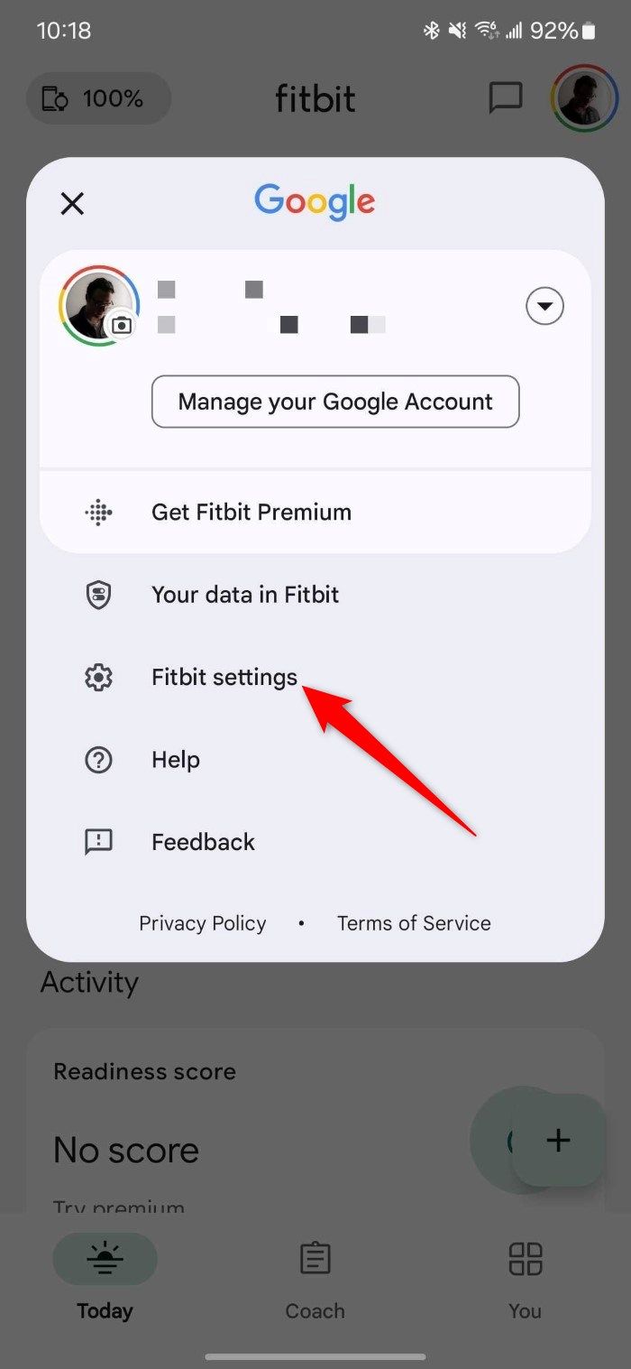 Fitbit settings option in the Fitbit Android app