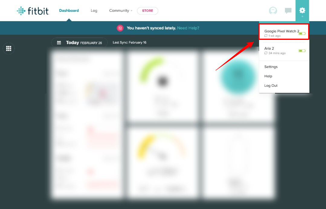 Screenshot of Fitbit web dashboard showing connected devices with Google Pixel Watch 2 highlighted.