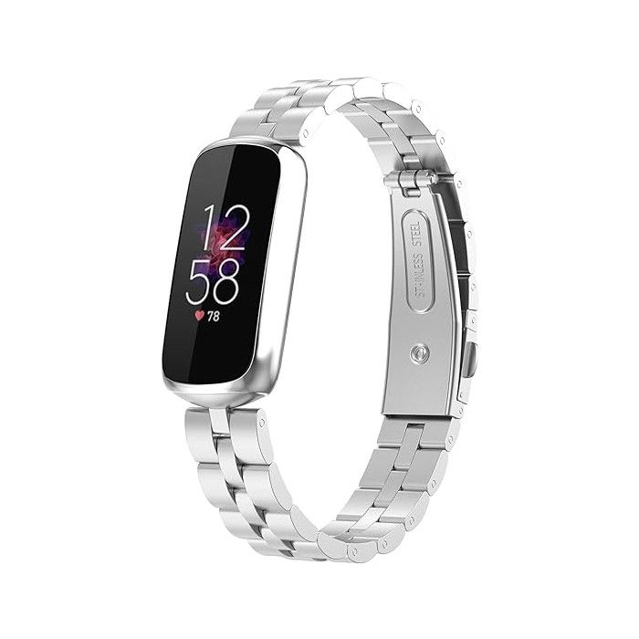 A silver metal band for the Fitbit Luxe